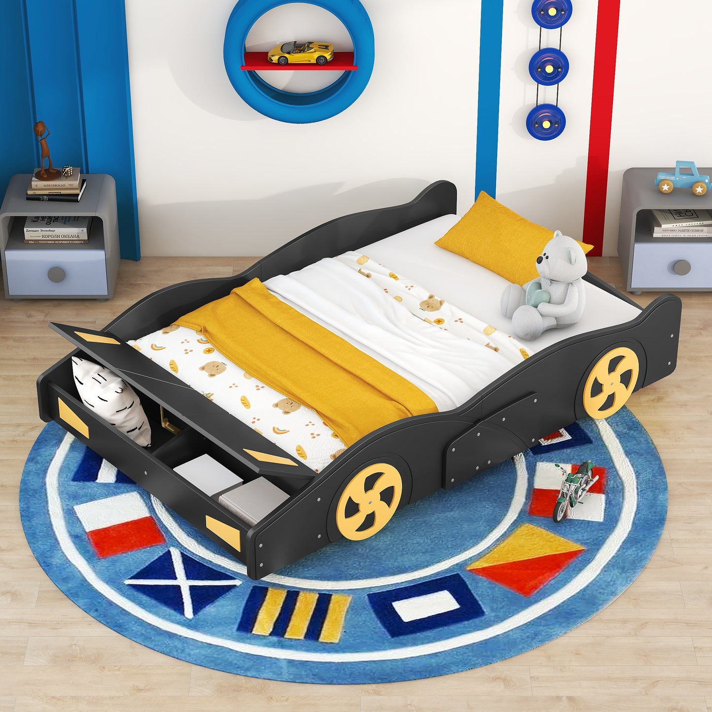 Full Size Race Car-Shaped Platform Bed with Wheels and Storage, Black+Yellow - WF305760AAB