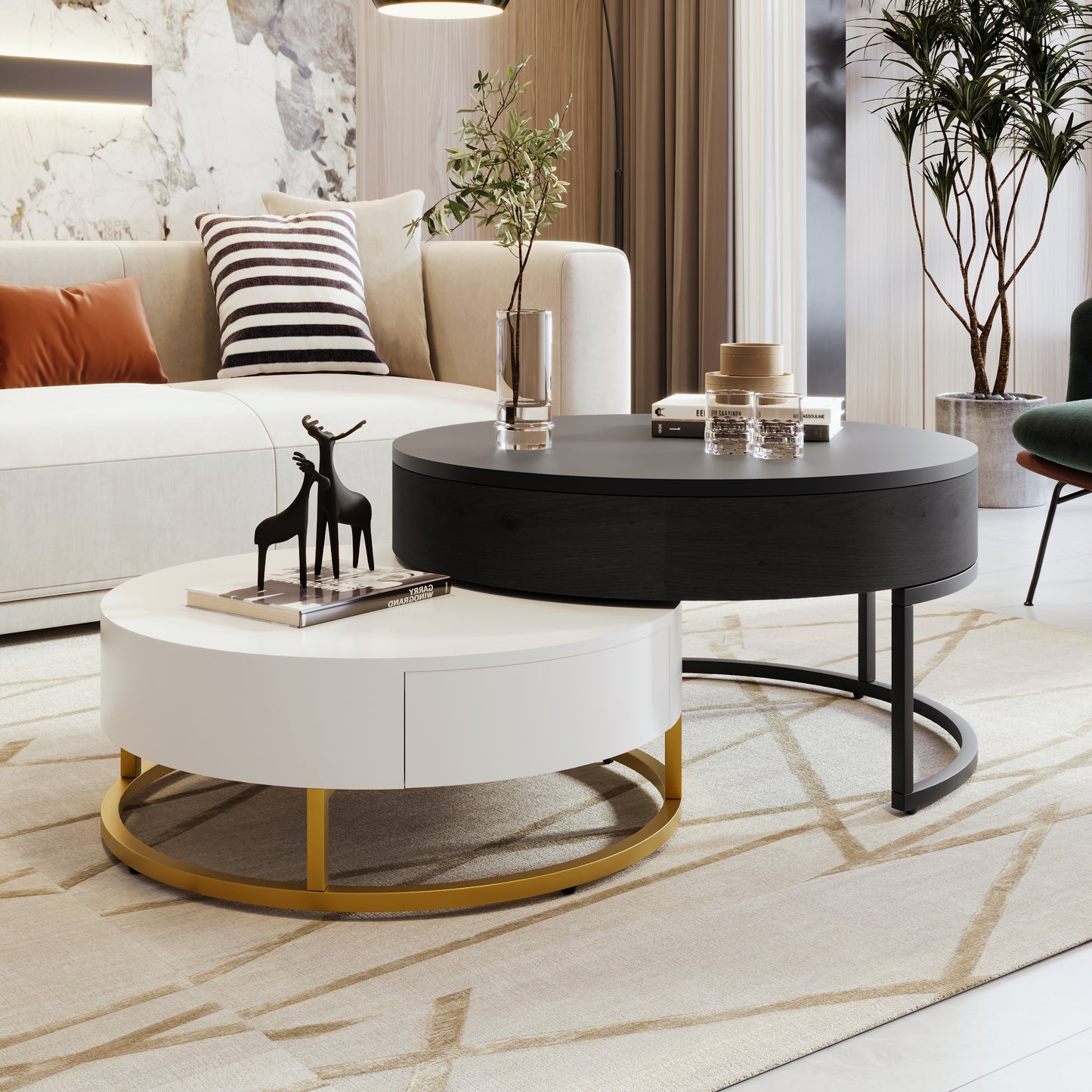 Modern Round Lift-top Nesting Coffee Tables with 2 Drawers White & Black - CH307475AAB