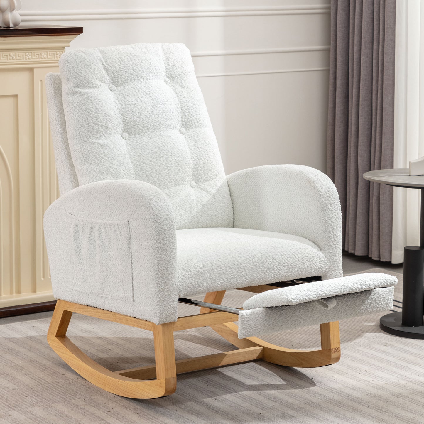 LY-5104 WHITE Accent Rocking Chair with Footrest High Back Rubber Wood Rocking Legs Bedroom Living Space 26.77D X 38.36W X 39.76H Inch - W2231P143508