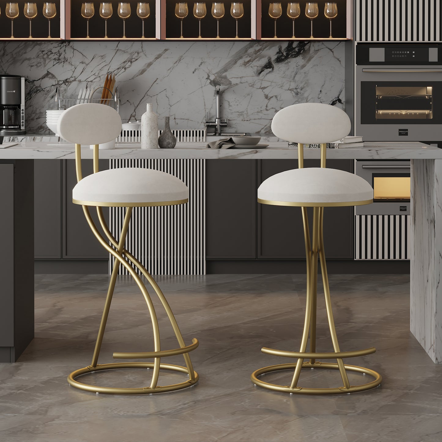 Round Bar Stool Armless Velvet Barstools with Back Set of 2 Upholstered Counter Chair for Dining Room, Kitchen Island (Gold & Creamy White) - W1757P167860