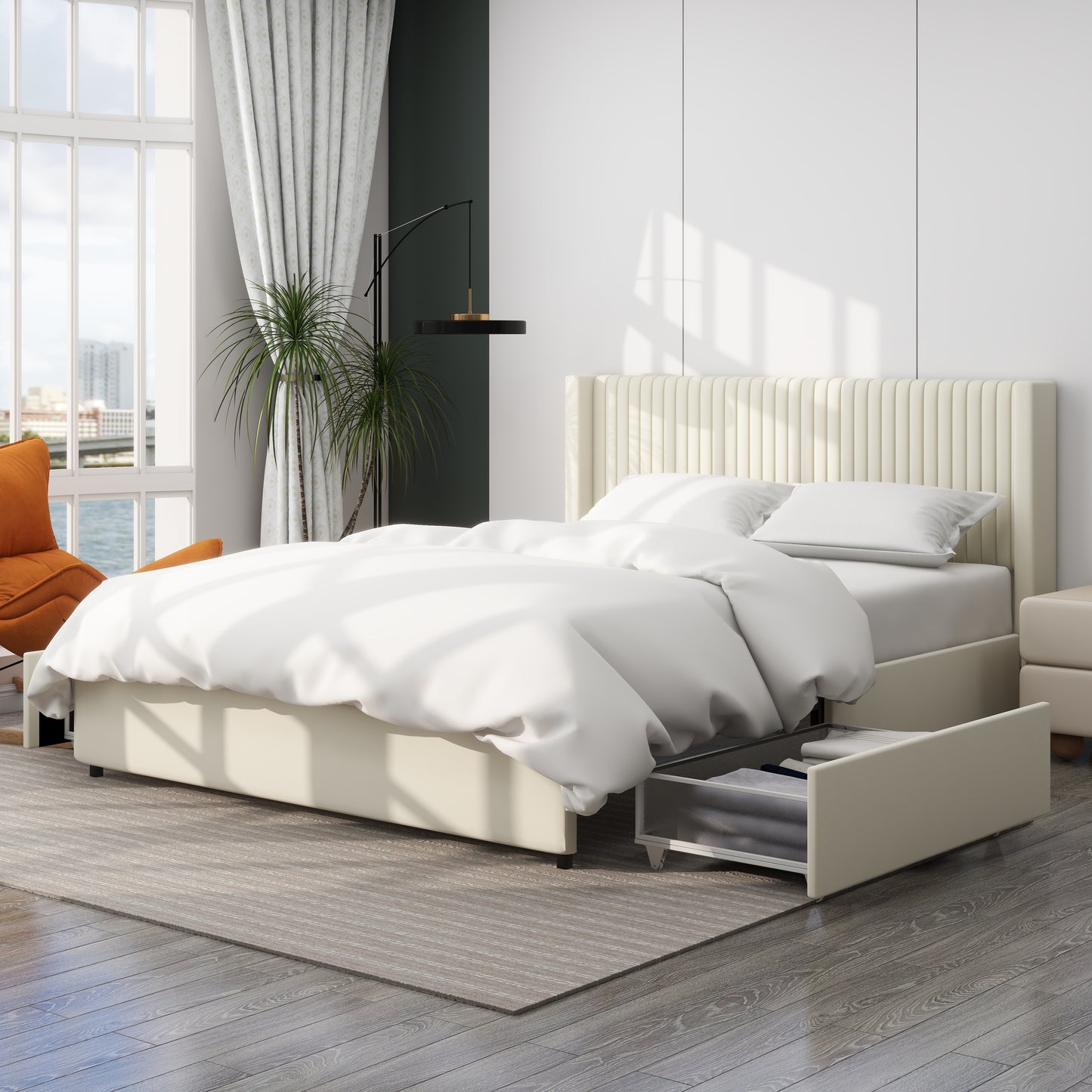 Anna Patented 2-Drawer Storage Bed Queen Size Ivory Velvet Upholstered Wingback Platform Bed, Modern Design Headboard with Tight Channel, Wooden Slat Mattress Support No Box Spring Needed - B083P156196
