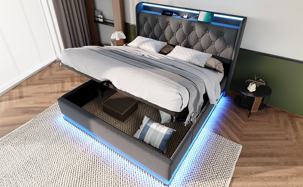Queen size Upholstered bed, 360 surround LED function, Buttons/Apps/Remote Control, hydraulic storage bed with USB Type-