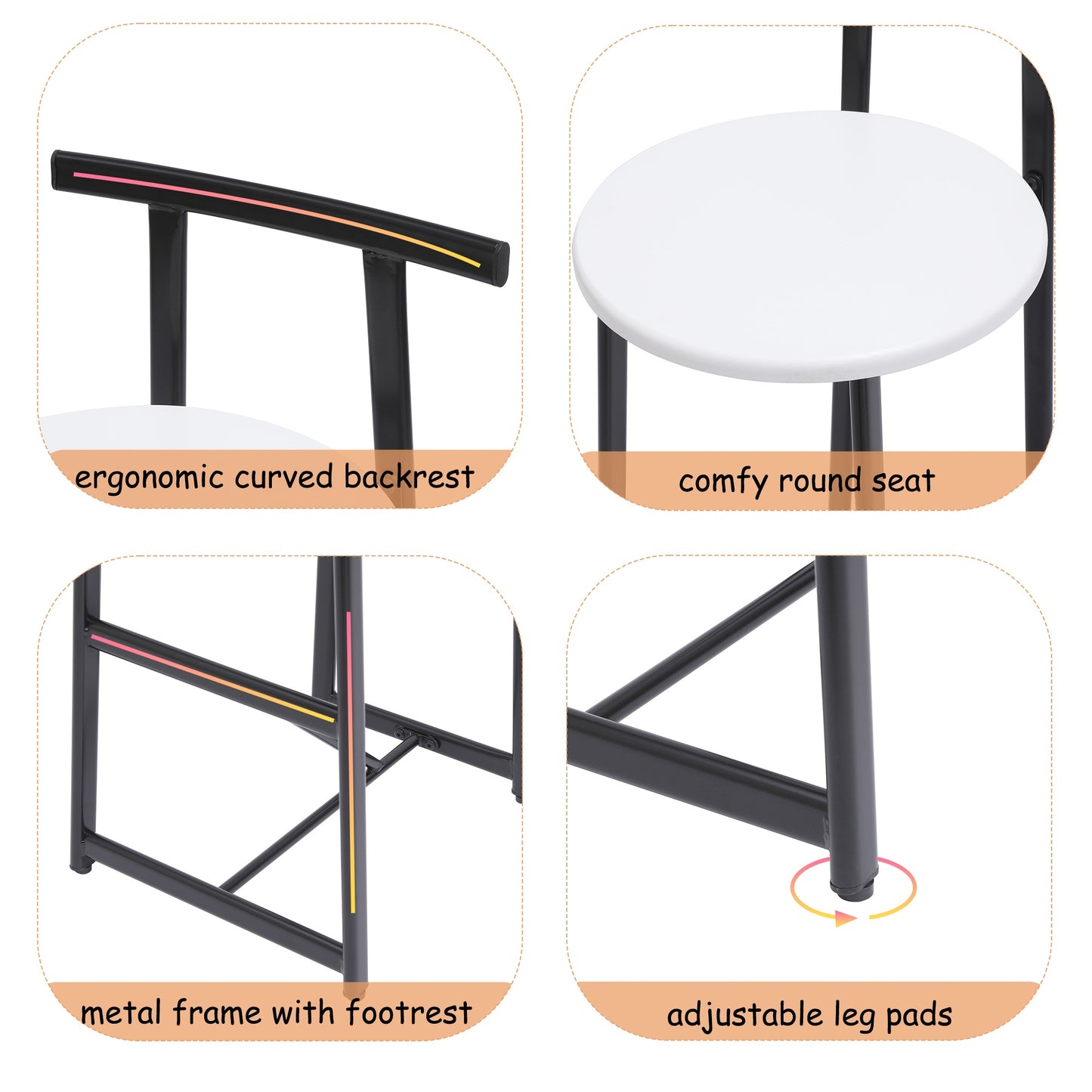 Bar Stools Kitchen Island Bar Chairs Set of 3 Metal Counter Barstools with Backrest for Dining Pub Room (Black & White)