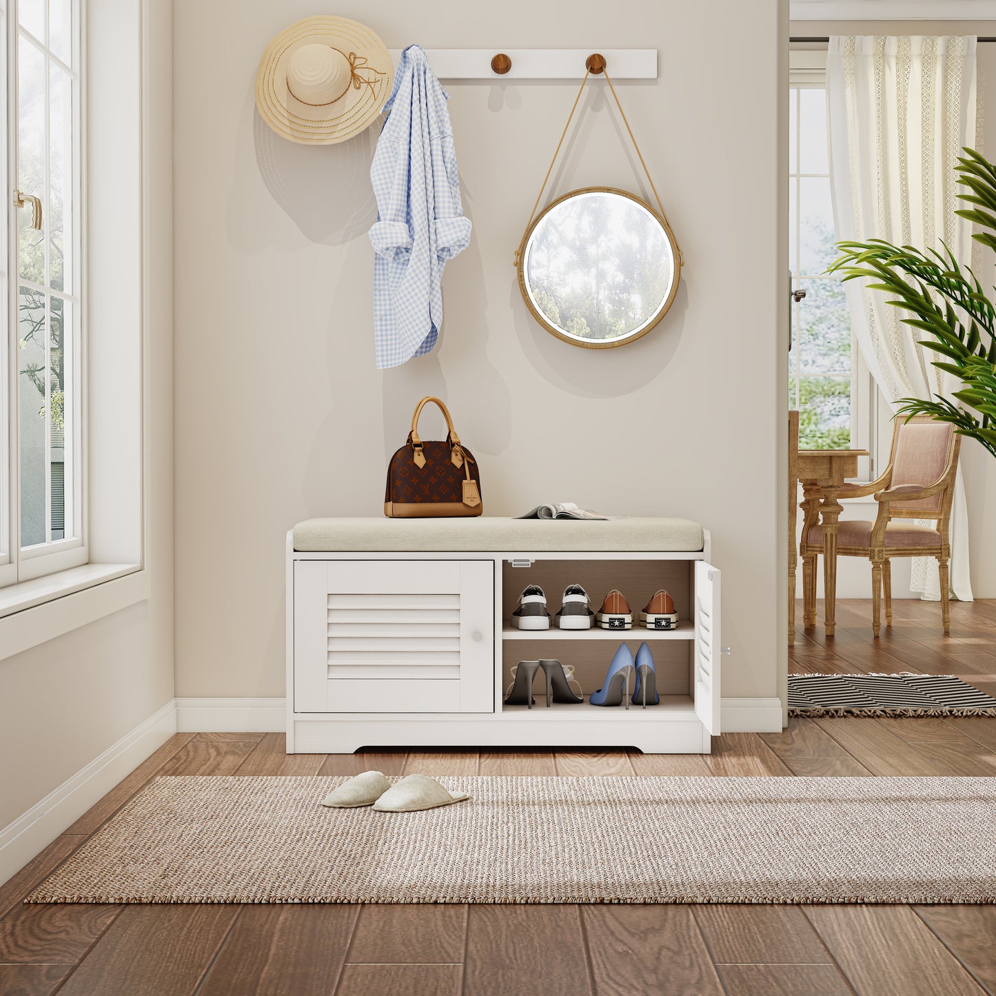 28.74"Shoe Storage Bench with 2 Door Cabinet, Entryway Bench with White Shoe Storage, Shoe Bench with Cushion, Adjustable Shelves, Shoe Rack Bench for Entryway, Hallway - W2948P244736