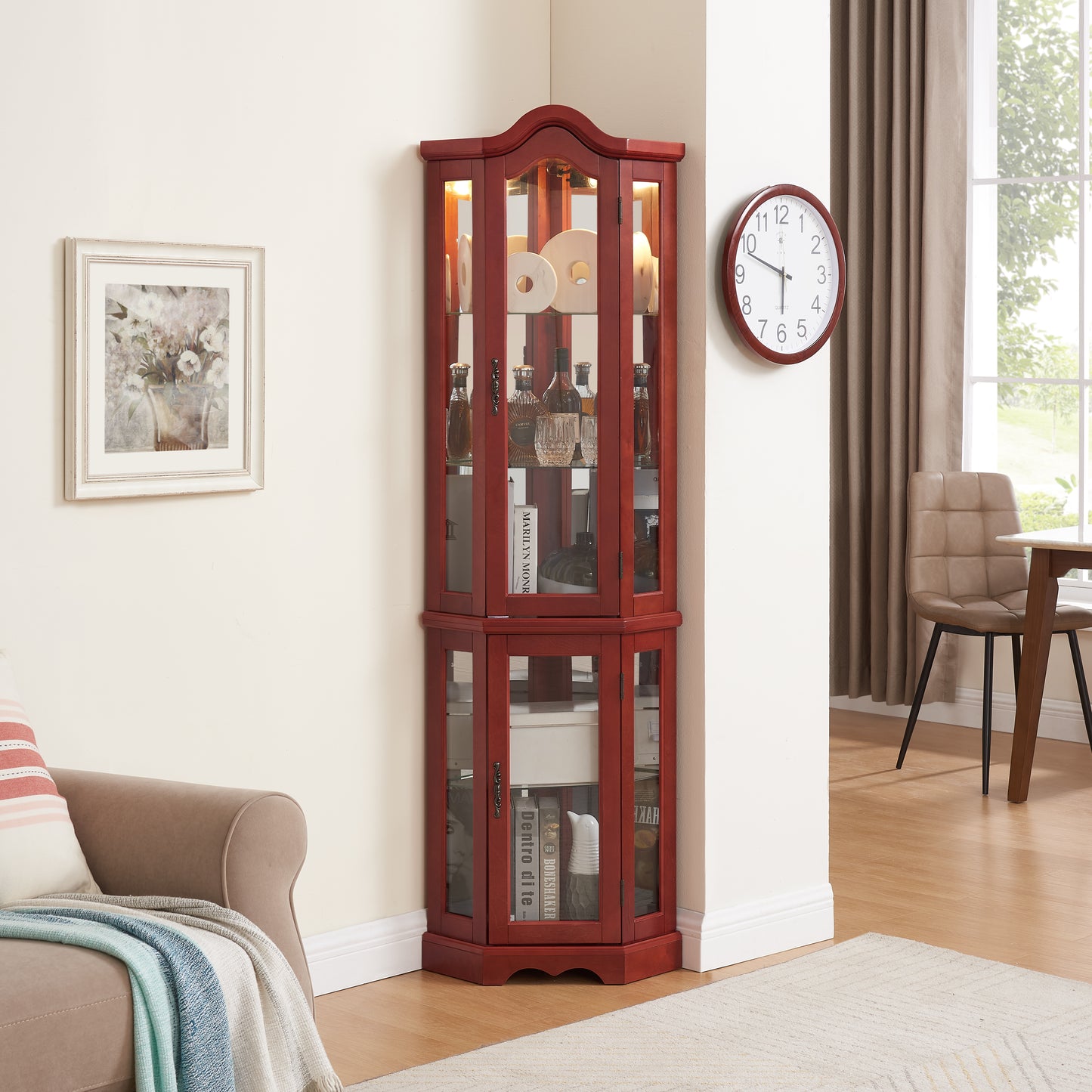 Lighted Corner Curio Cabinet with Tempered Glass Doors & Shelves - Elegant Cherry Display Case with Bulb for Living Room & Bedroom Décor- Cherry - W1758P294650