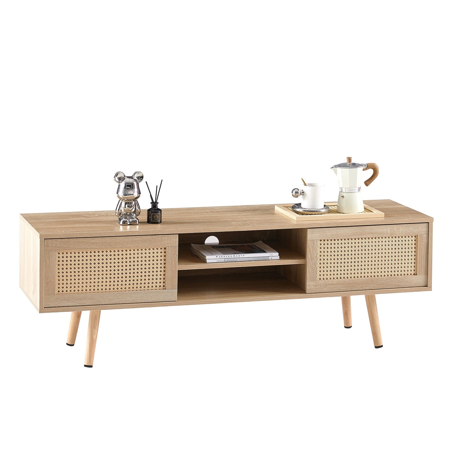 55" Rattan Media Console — Oak with Cane Doors