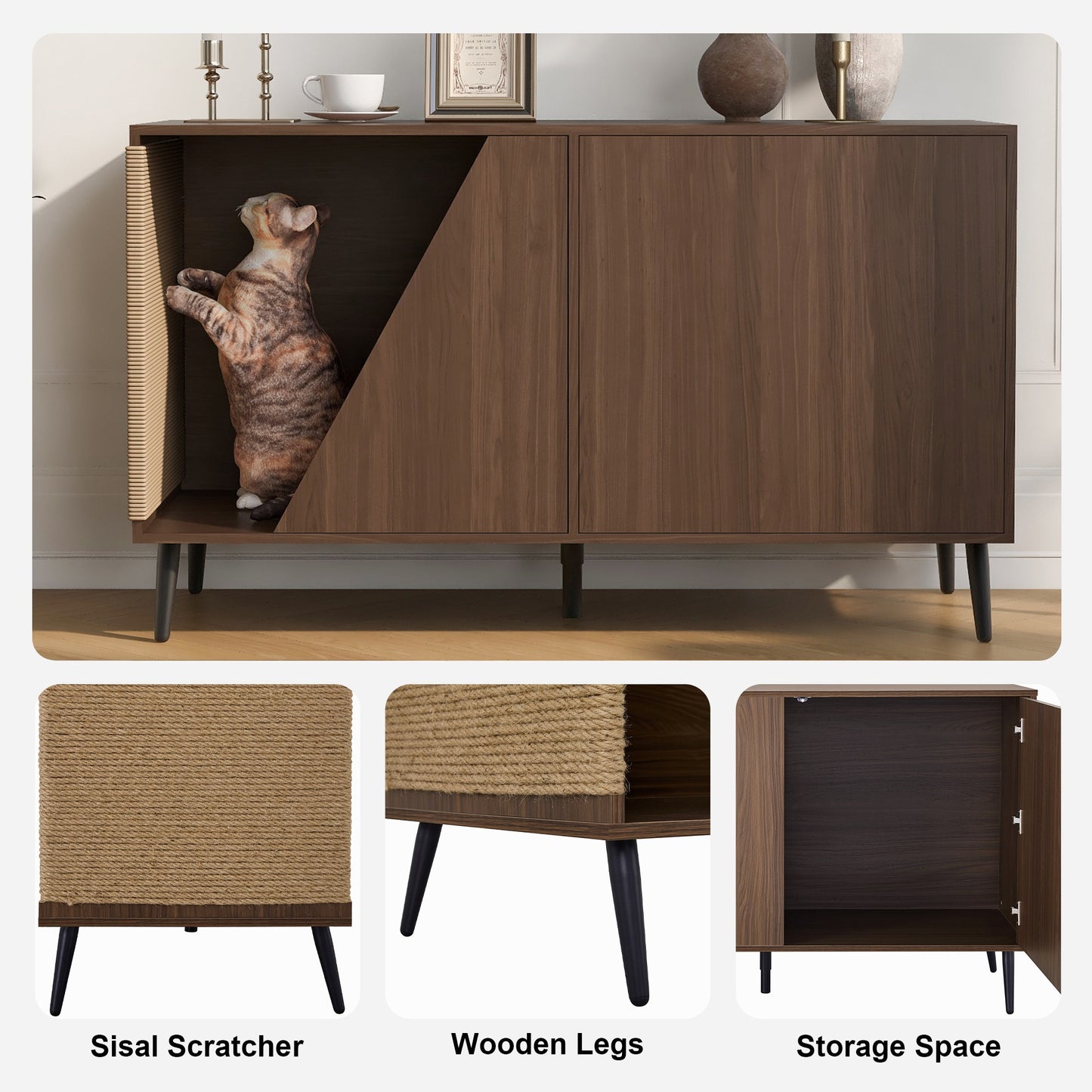 Cat Furniture 2 IN 1 Modern Walnut Cabinet Side Table With Spring-Loaded Door, Cat Litter Box Enclosure with Sisal Cat S