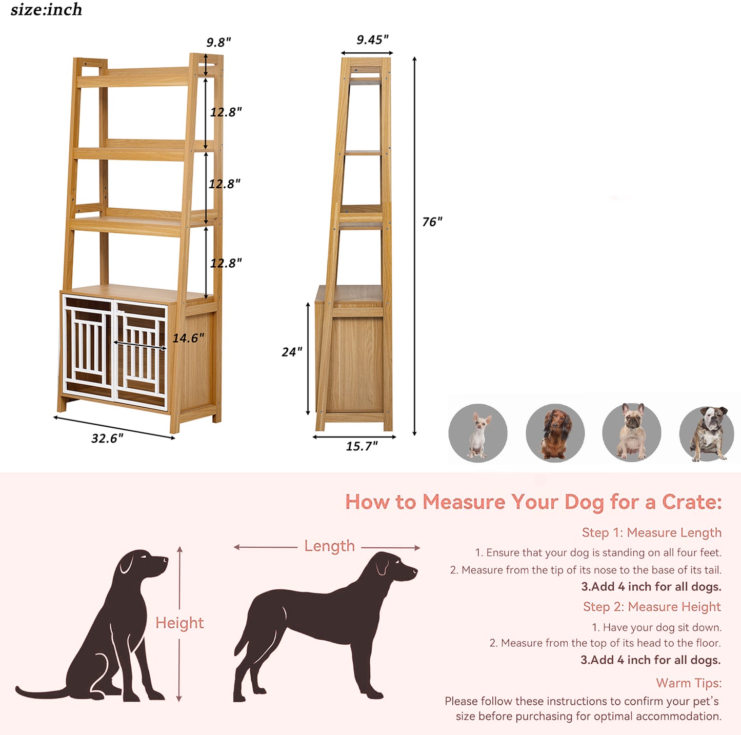 Modern 2 IN 1 Dog Furniture Dog Crate Ladder Bookshelf, Tall Wood Display Shelf with Storage, Dog Kennel Bookcase for S