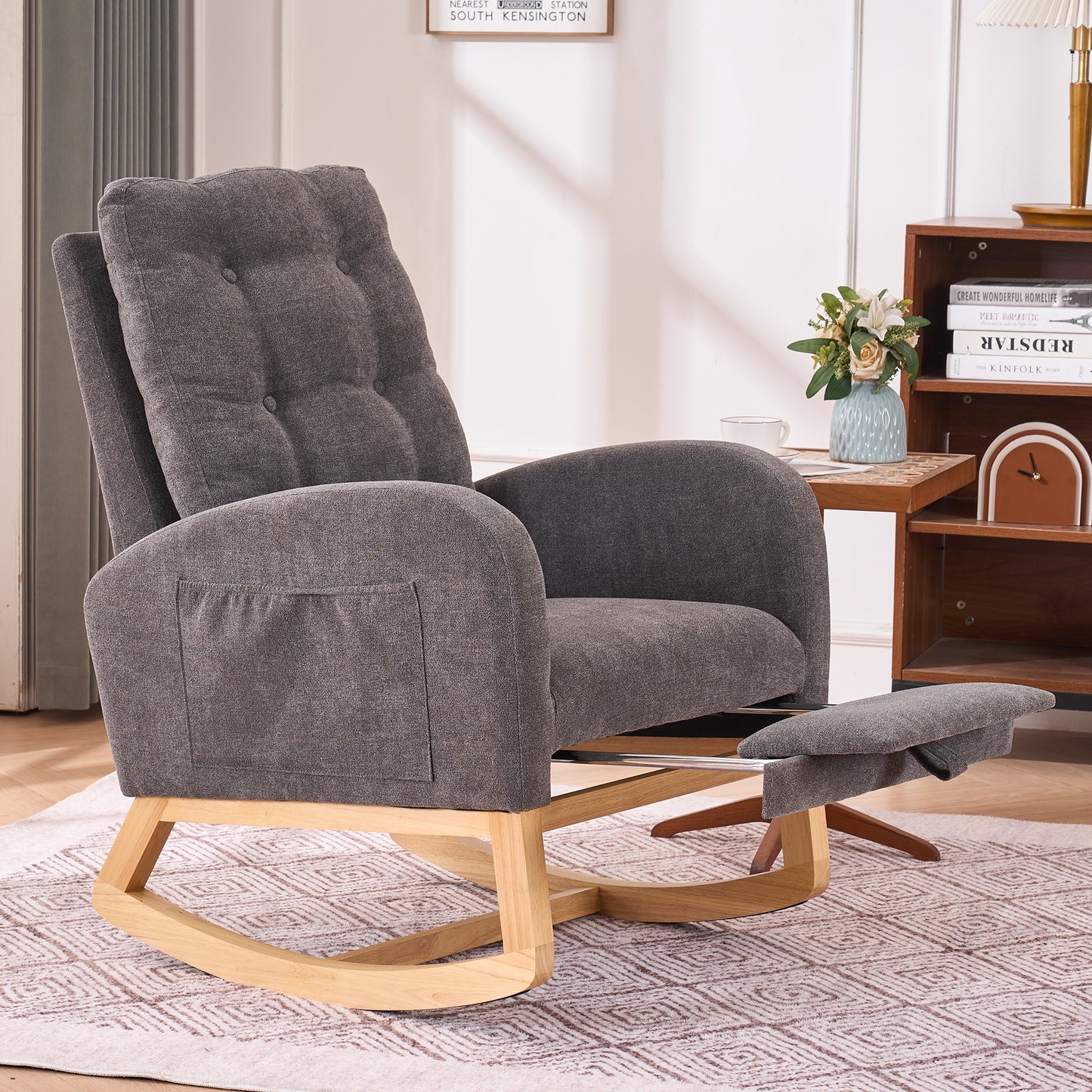 LY-5104 Gray Accent Rocking Chair with Footrest High Back Rubber Wood Rocking Legs Bedroom Living Space 26.77D X 38.36W