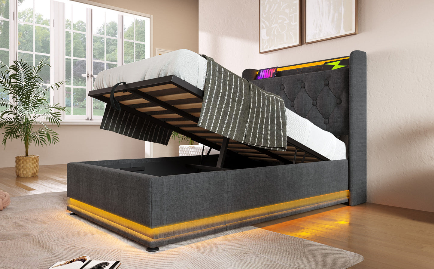 Twin size Upholstered bed, 360 surround LED function, Buttons/Apps/Remote Control, hydraulic storage bed with USB Type-C