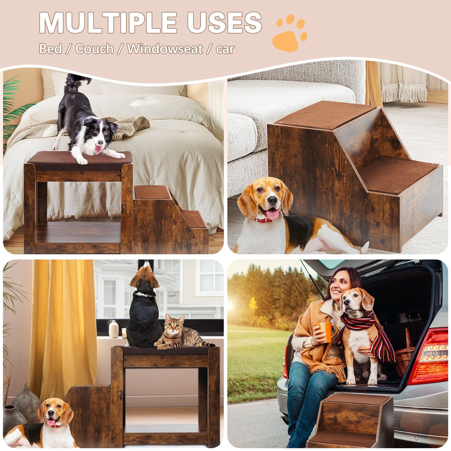 Pet Bunk Bed with Removable Step for Dogs and Cats, Multi-Level Bed Window Perch Seat Platform with Cushion and Cat Scra