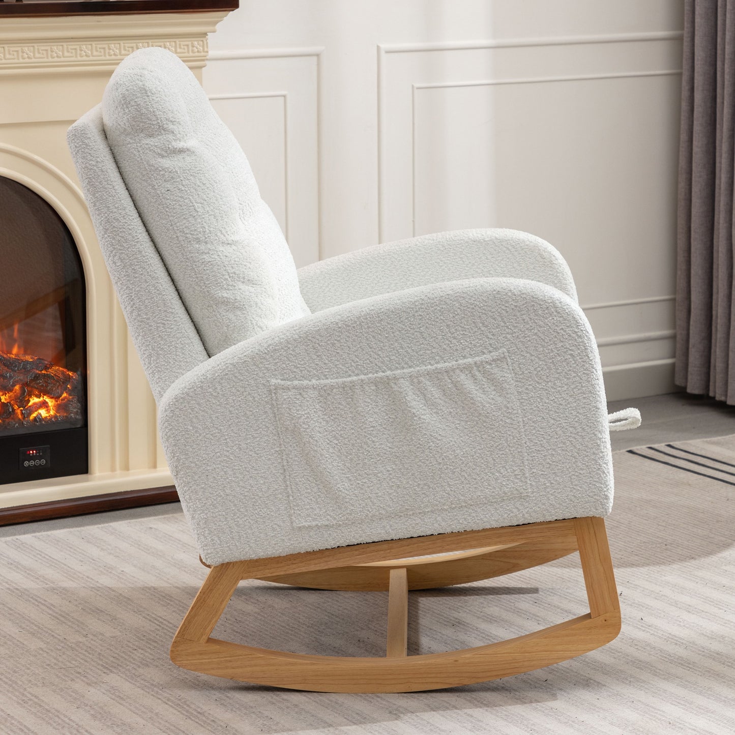 LY-5104 WHITE Accent Rocking Chair with Footrest High Back Rubber Wood Rocking Legs Bedroom Living Space 26.77D X 38