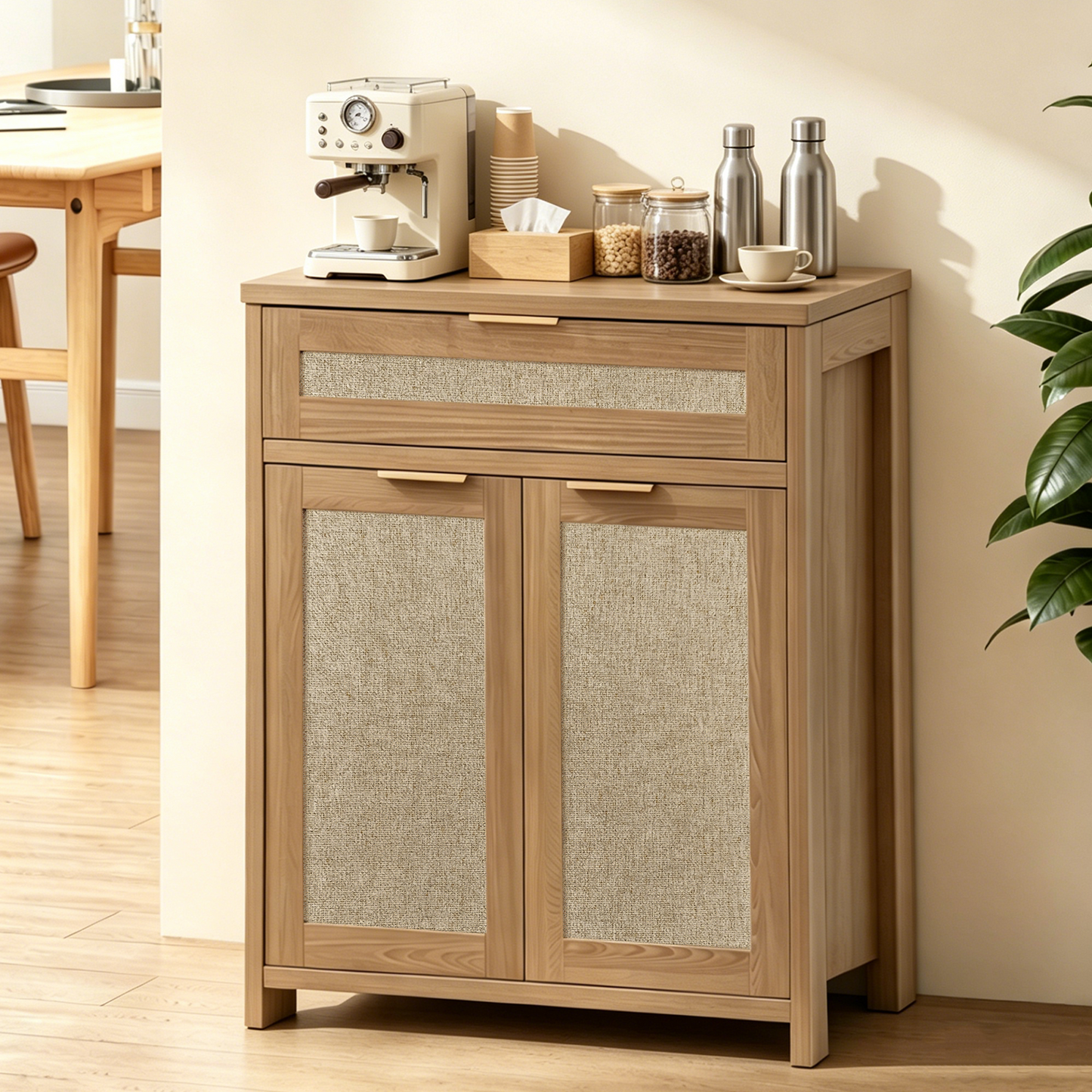 Rattan Sideboard Buffet — Natural Oak & Woven Cane