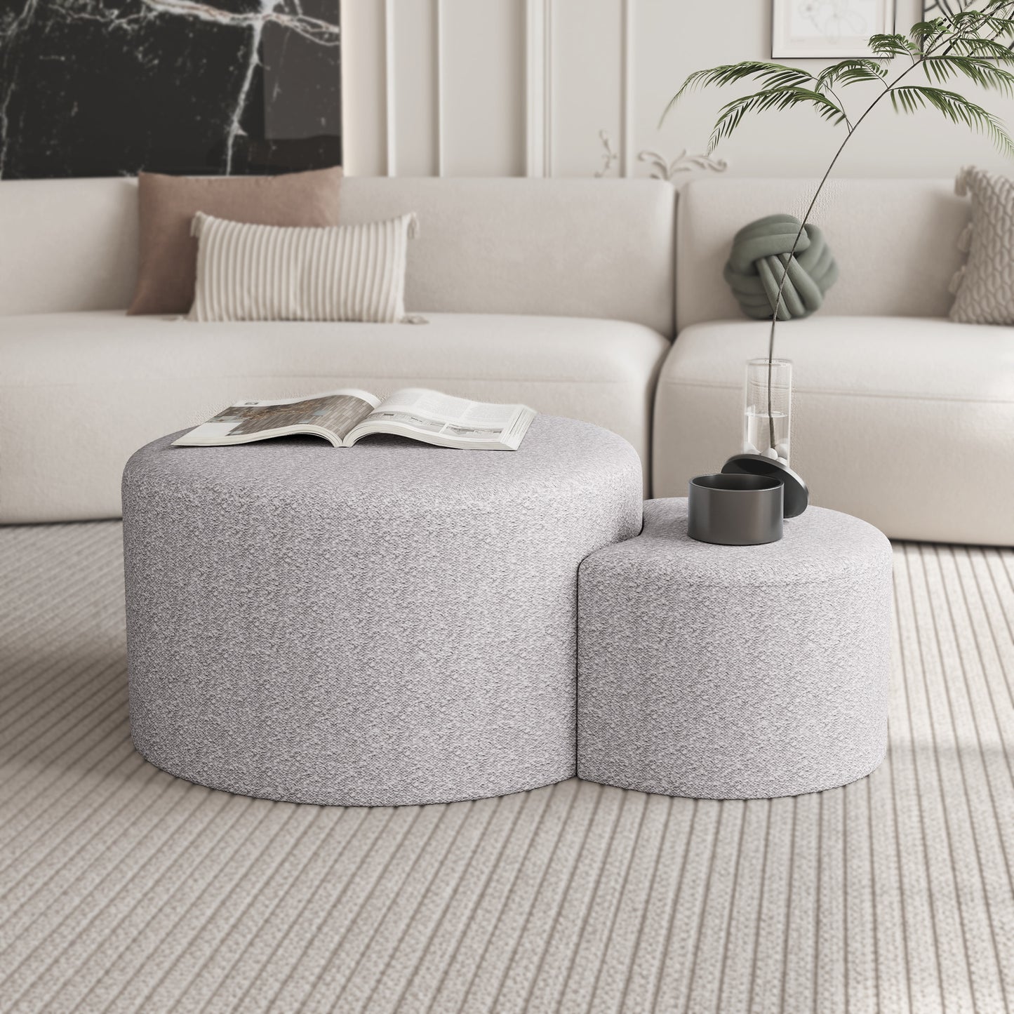 Upholstered Nesting Coffee Tables (Set of 2), Side Table, Footrest, Ottoman & Seat for Living Room Bedroom Entryway Office, Beige Yarn Dyed Fabric - W1435P163393