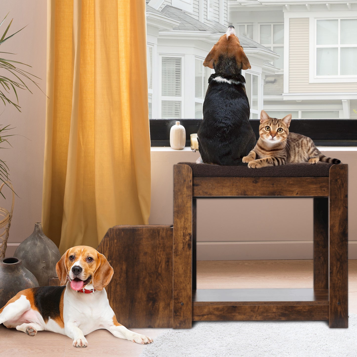 Pet Bunk Bed with Removable Step for Dogs and Cats, Multi-Level Bed Window Perch Seat Platform with Cushion and Cat Scratch Pad, Indoor Use - W1687P165899