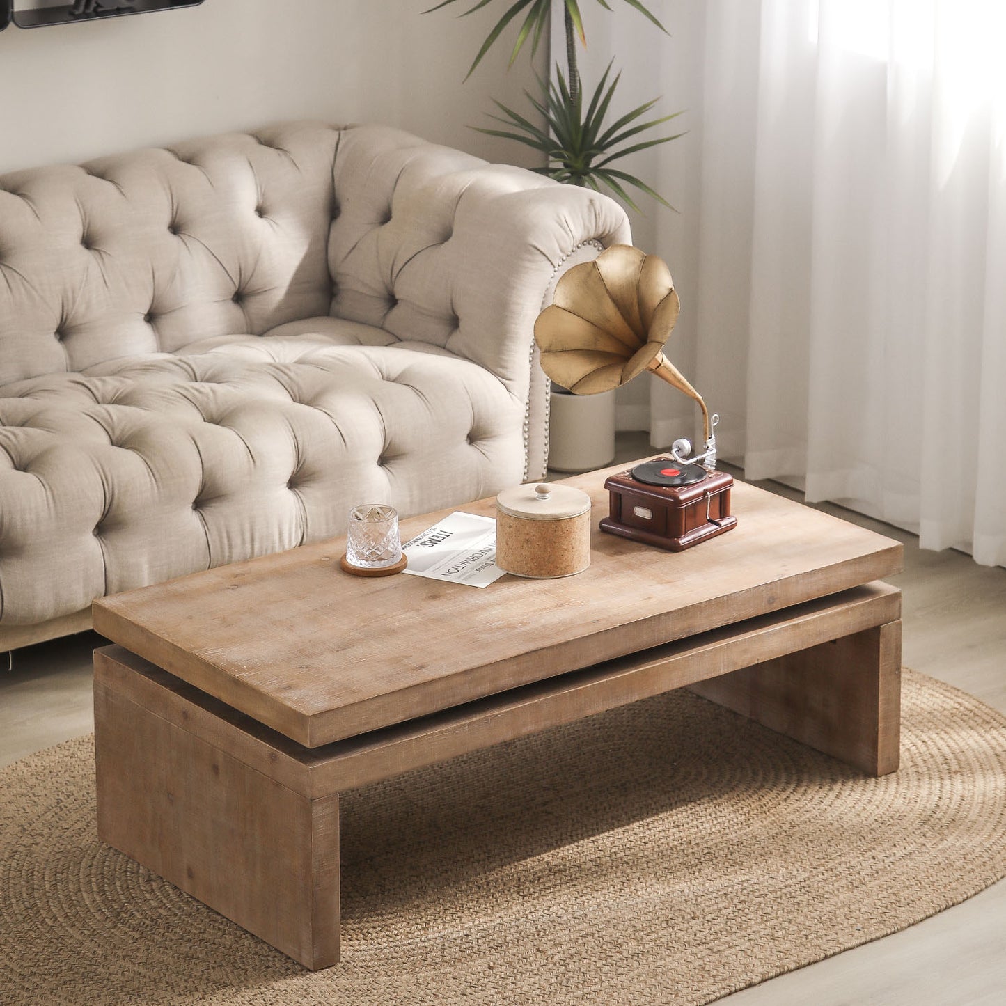 Modern Rustic Wood Coffee Table – Rectangular Living Room Center Table with Floating Top Design 47.6" L * 23.6" W * 16.3" H - W2729P198991