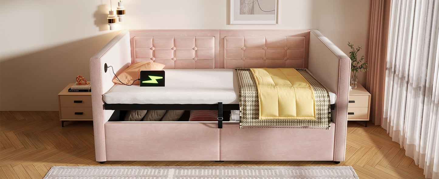 Upholstered Twin Size Daybed, Hydraulic Storage Twin Bed Frame with USB & Type-C Charging, Bed Frame with Wooden Slats a