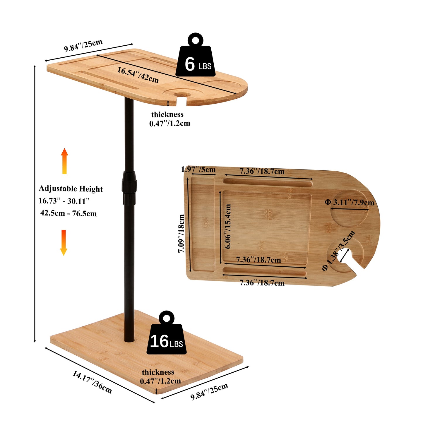 Couch Tray Table Bamboo Height Adjustable Side Table for Sofa C-shaped Oval End Tables with Slots for Bed & Chairs in Li