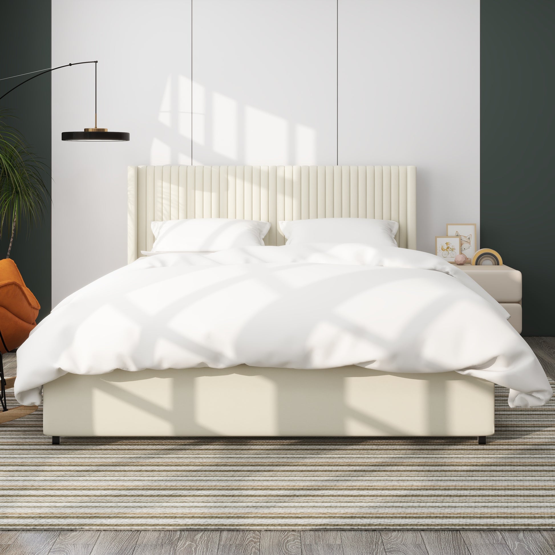 Anna Patented 2-Drawer Storage Bed Queen Size Ivory Velvet Upholstered Wingback Platform Bed, Modern Design Headboard wi