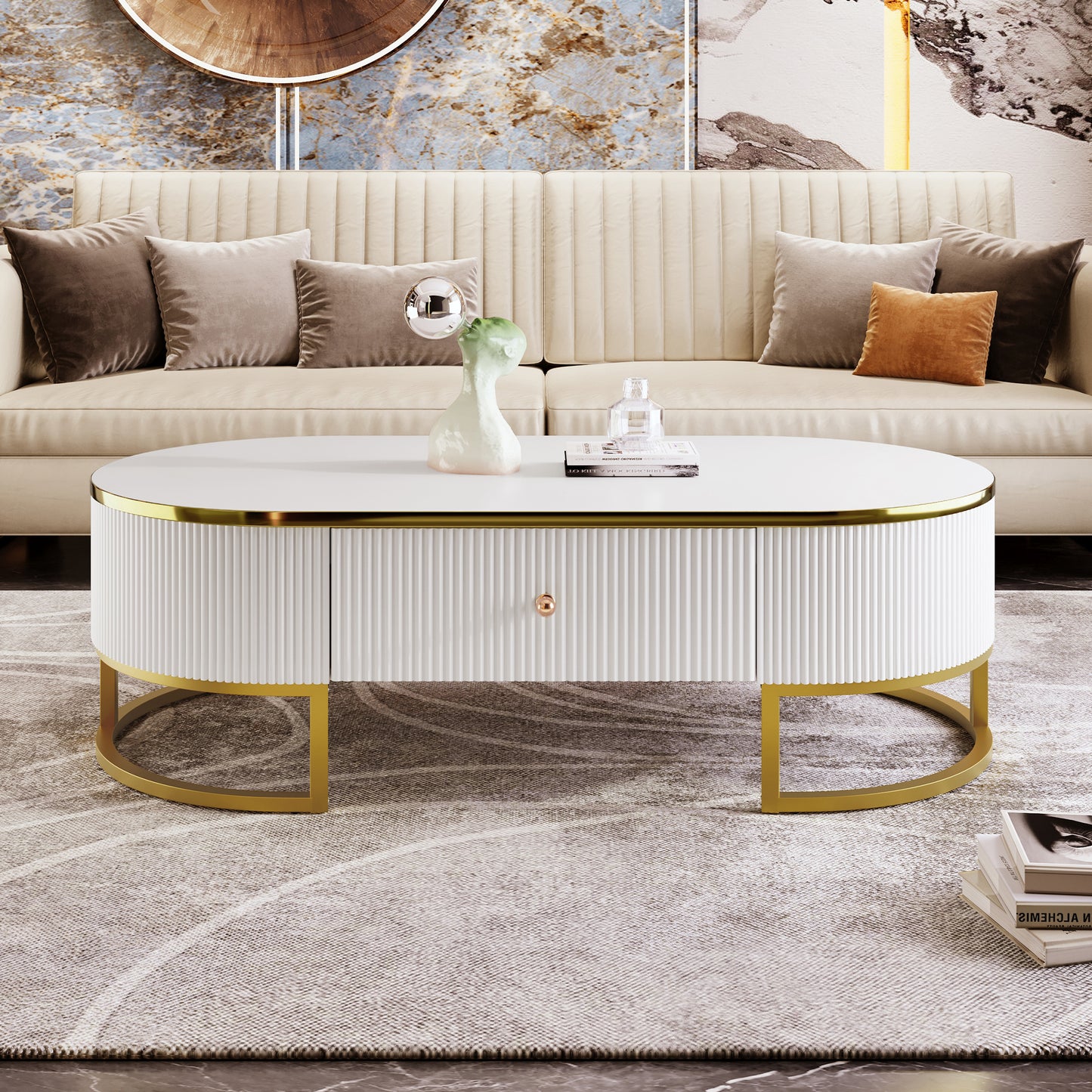 Modern Oval Coffee Table with Drawers,Curved Profile Design, Gold Metal Decor, Center Table for Living Room in 47.2" - N735P192897K