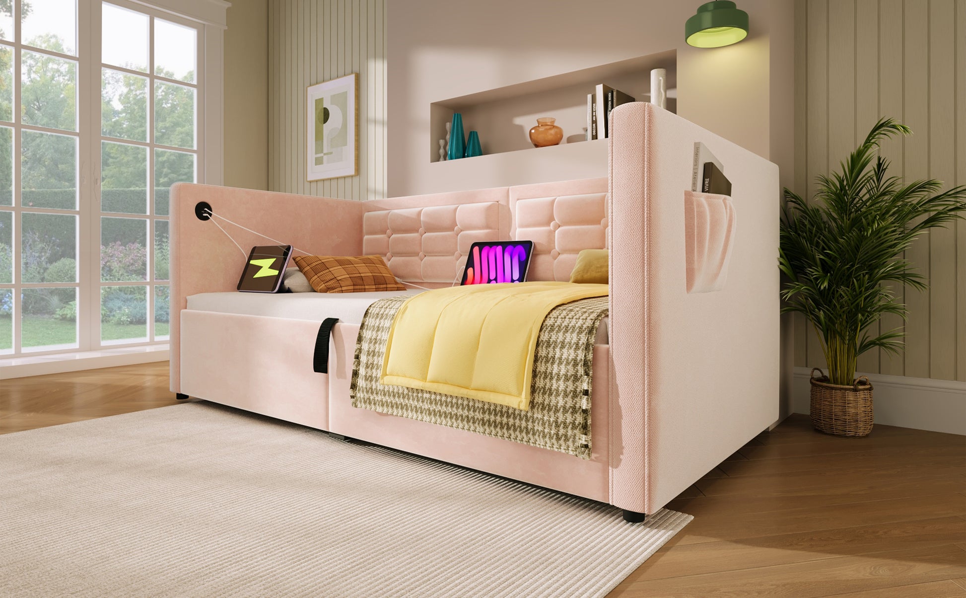 Upholstered Twin Size Daybed, Hydraulic Storage Twin Bed Frame with USB & Type-C Charging, Bed Frame with Wooden Slats a