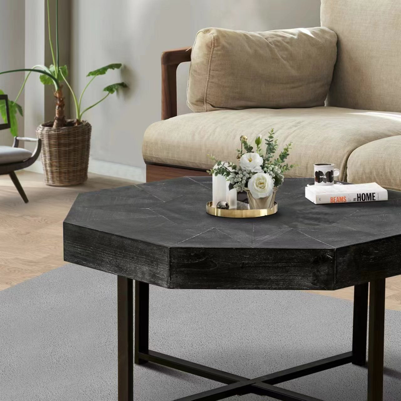 Wood Octagonal Vintage Patchwork Craft Farmhouse 30 Inch Wooden Table Top  Cross Metal Legs Coffee Table for Living Room