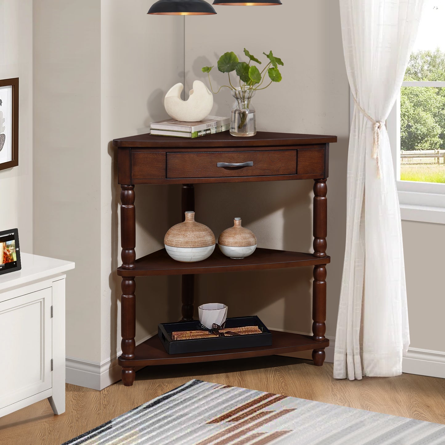 33.8'' Small Triangle Corner Table, Wood Corner Side Table for Small Spaces/ Living Room, 3 Tier End Corner Table with Solid Wood Legs, Light Espresso - W1202P155411
