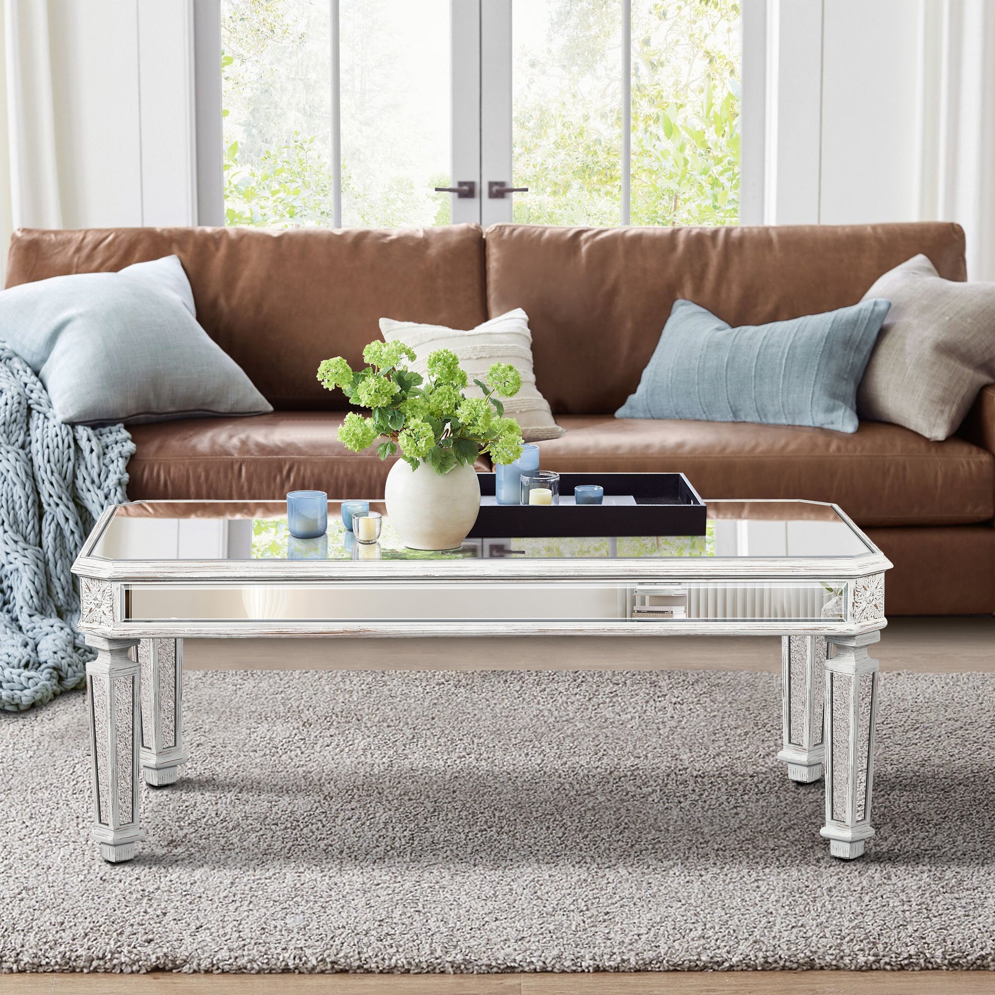 Silver Mirrored Coffee Table, Vintage Carved Elements, Rectangle Glass Tea Table with Mirrored Finish, Modern Center Table for Living Room and Office (24" D x 48" W x 18" H) - W1445P214047