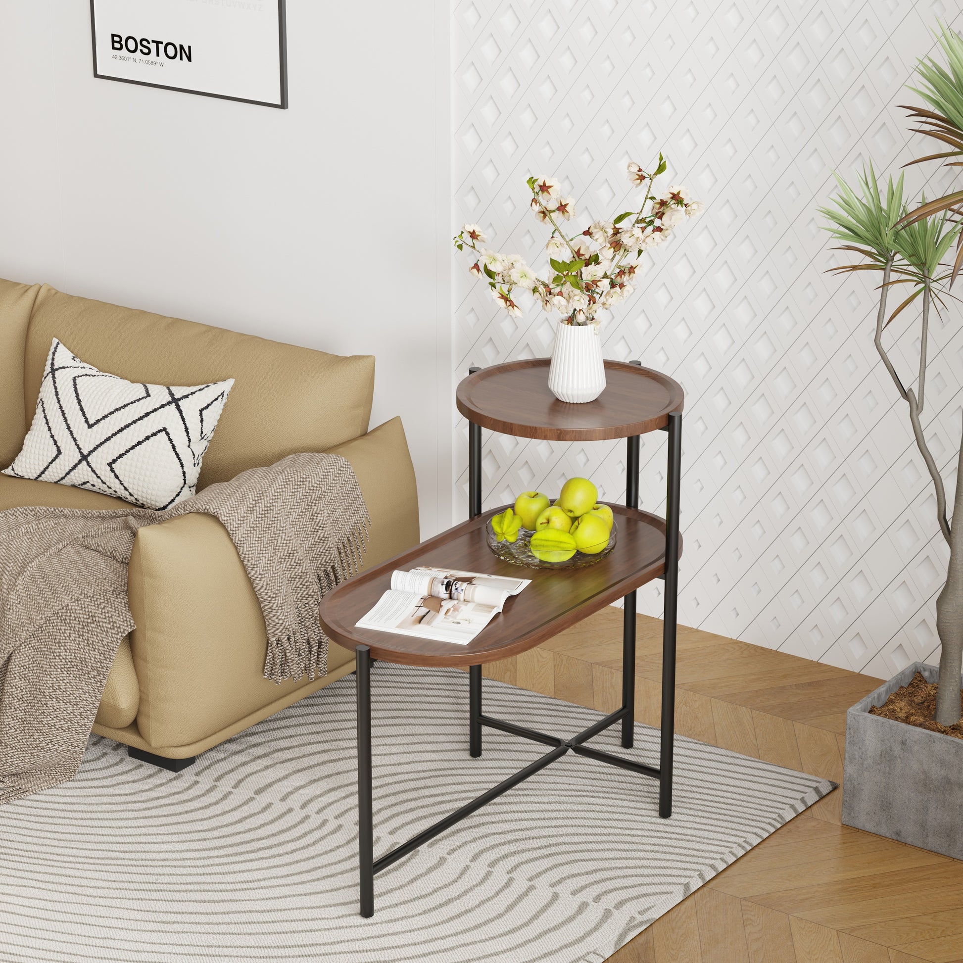 Small Coffee Tables 2-tier Modern Sofa Side Table with Wood Storage Shelf Living Room End Tables Nightstands (Walnut Bro