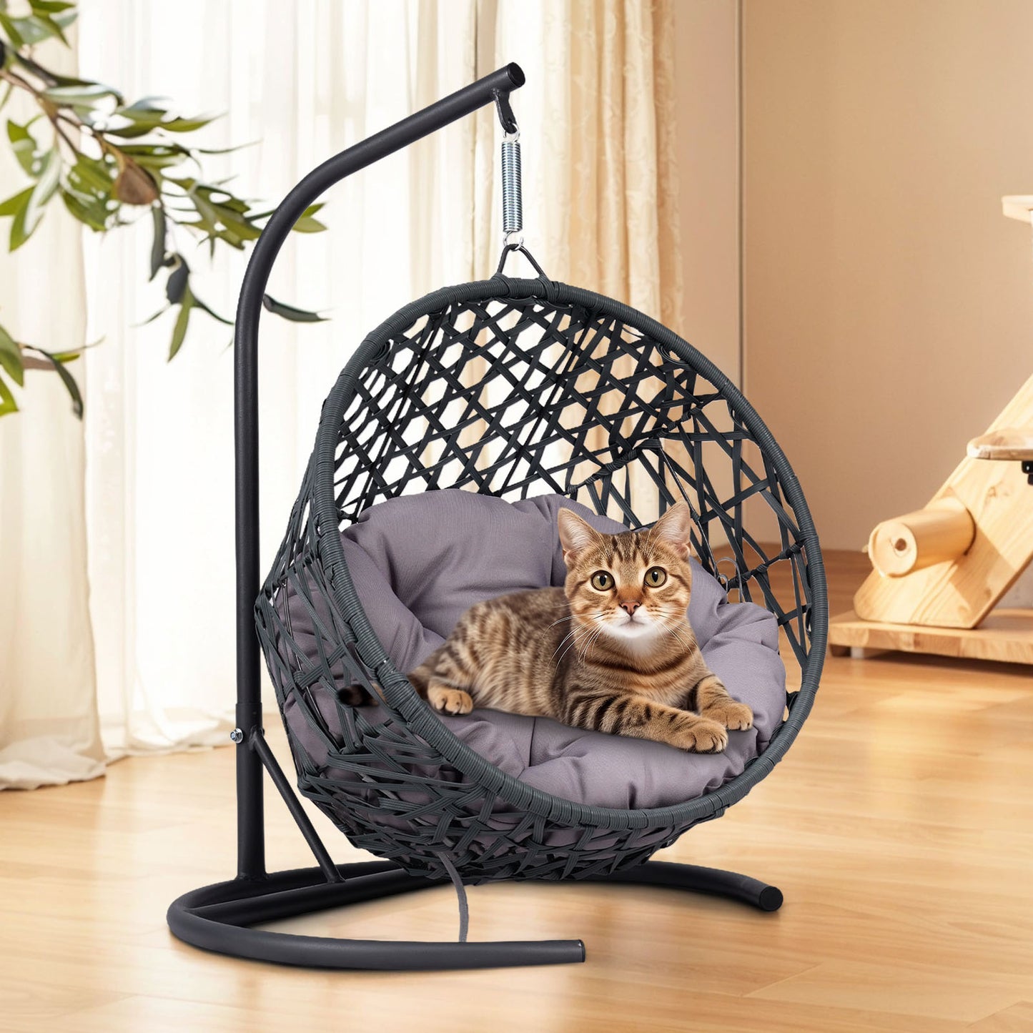 Cat Swing Bed with Stand & Cushion, Cat Egg Chair with Rattan Wicker Appearance, Indoor Hanging Swinging Cat Bed for Cats, Small Dogs, and Small Animals, Gray - W2500P283882