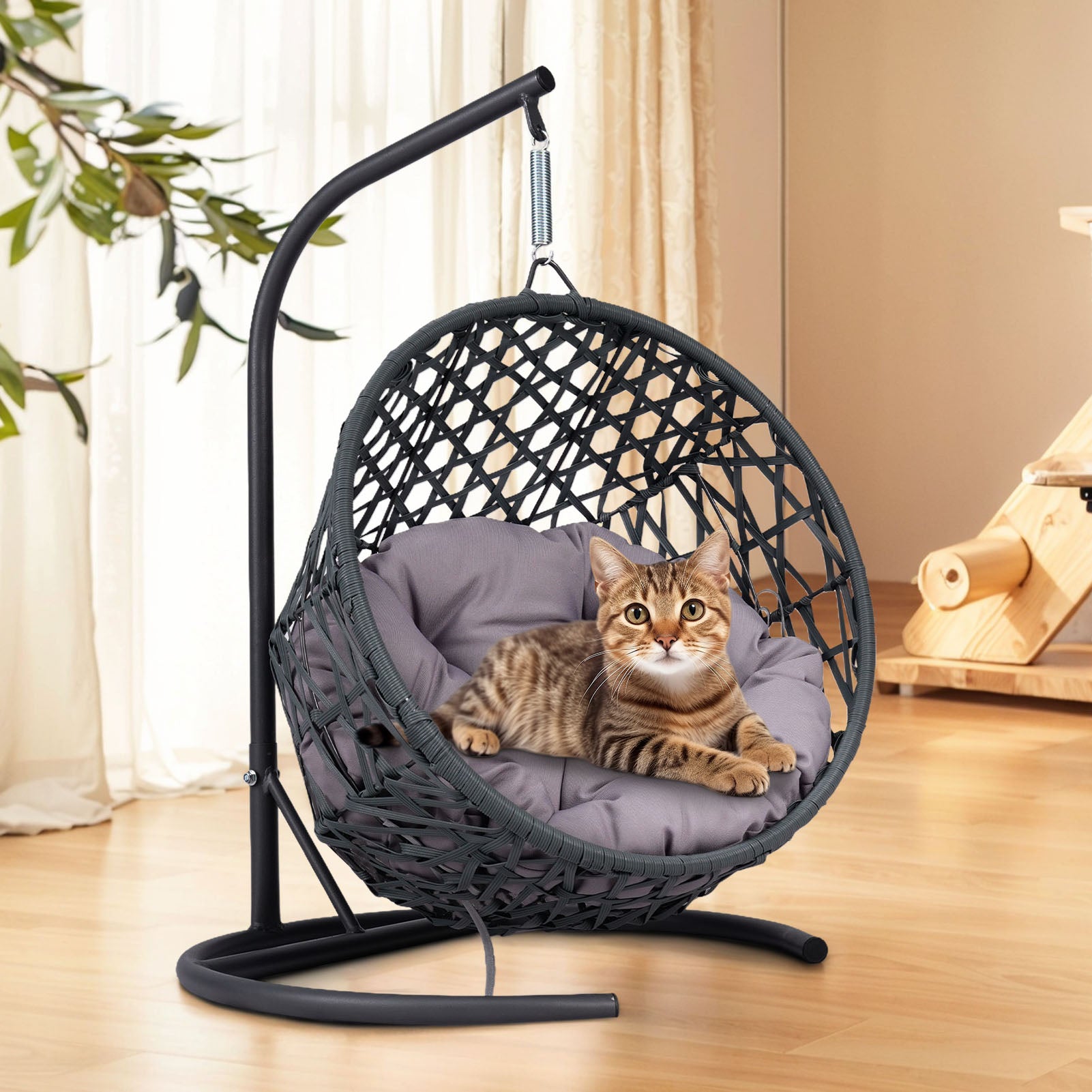 Cat Swing Bed with Stand & Cushion, Cat Egg Chair with Rattan Wicker Appearance, Indoor Hanging Swinging Cat Bed for Cats, Small Dogs, and Small Animals, Gray - W2500P283882