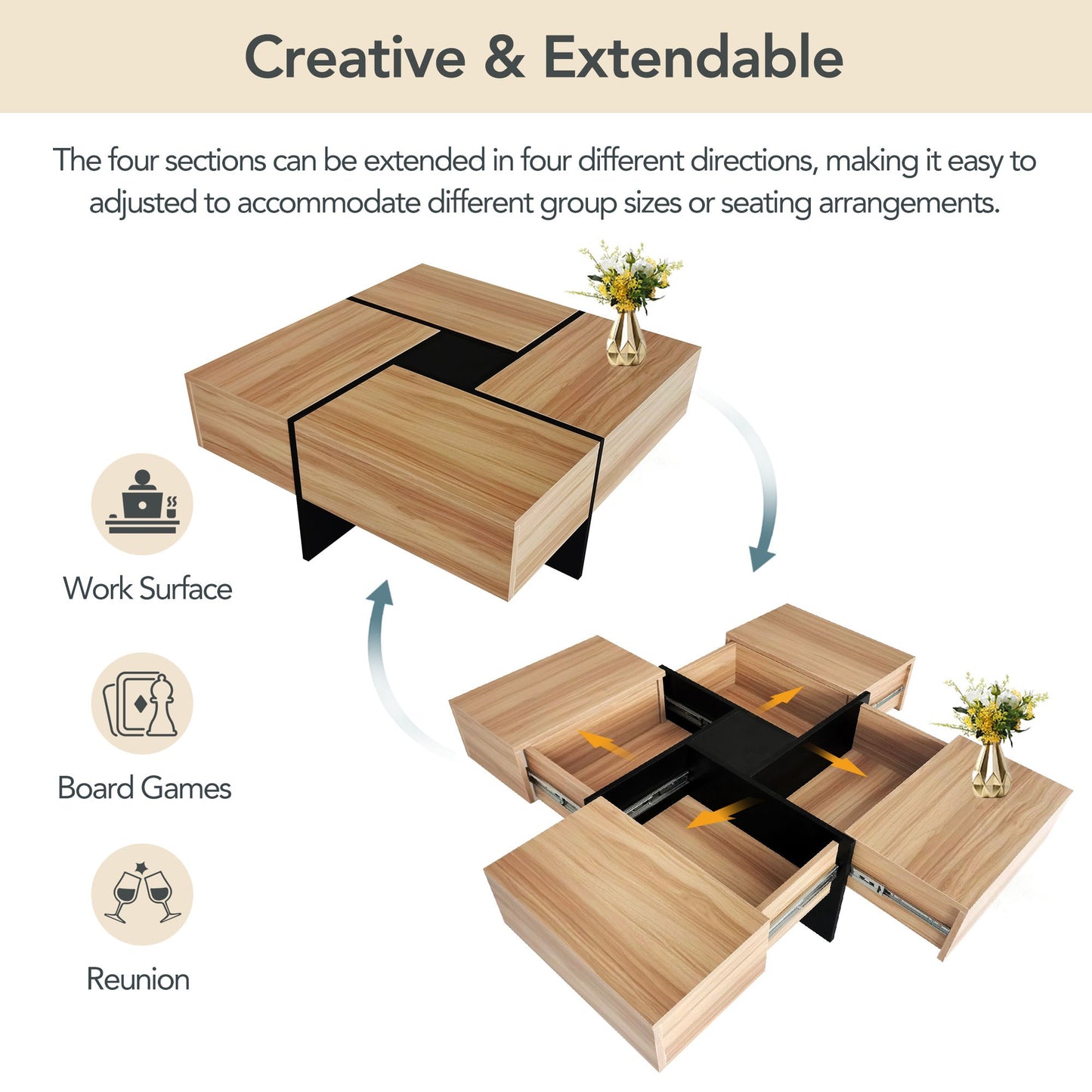 [New Picture] Unique Design Coffee Table with 4 Hidden Storage Compartments, Square Cocktail Table with Extendable Slidi