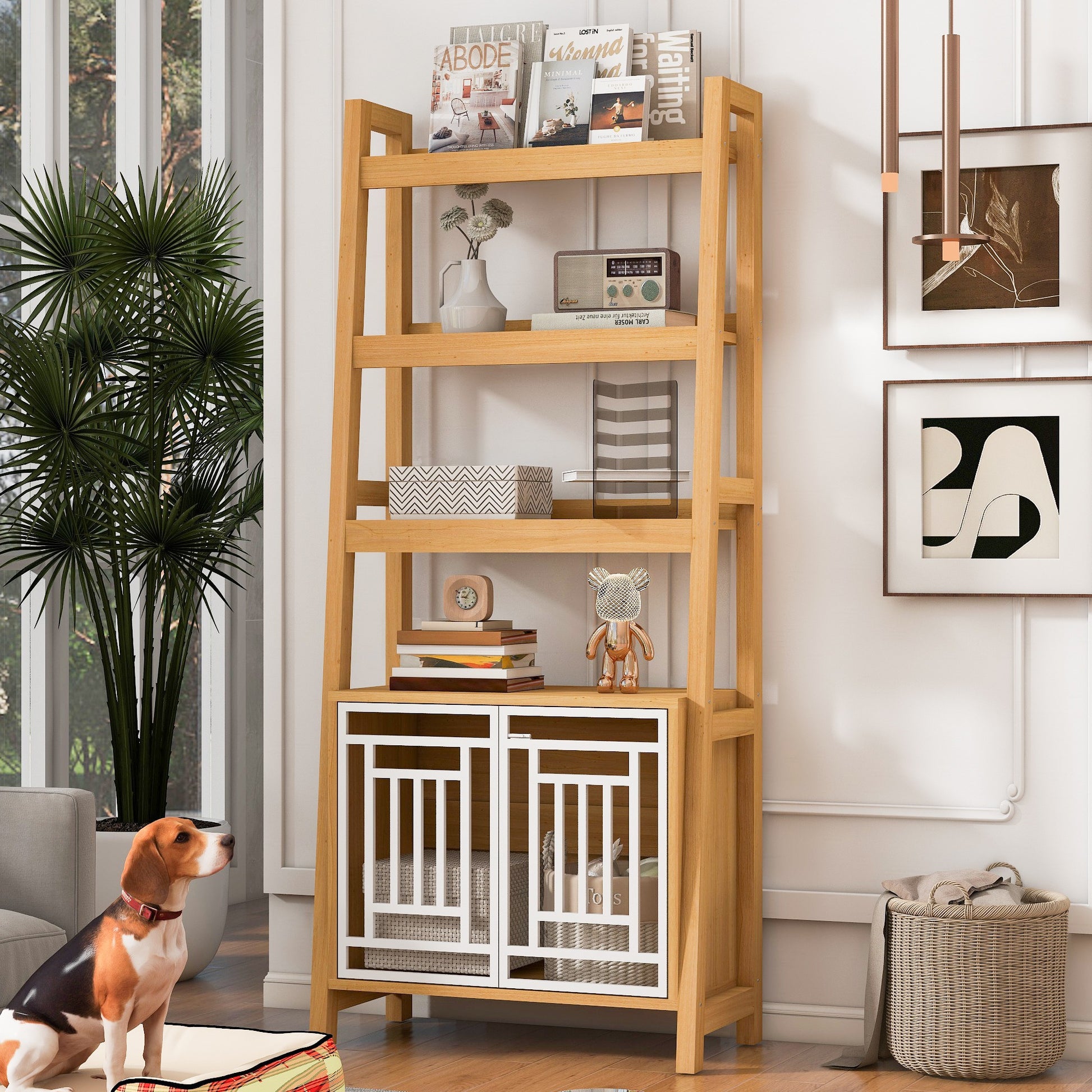 Modern 2 IN 1 Dog Furniture Dog Crate Ladder Bookshelf, Tall Wood Display Shelf  with Storage, Dog Kennel Bookcase for S