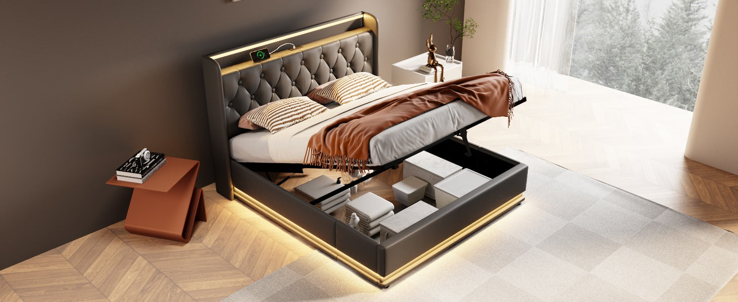Full size Upholstered bed, 360 surround LED function, Buttons/Apps/Remote Control, hydraulic storage bed with USB Type-C
