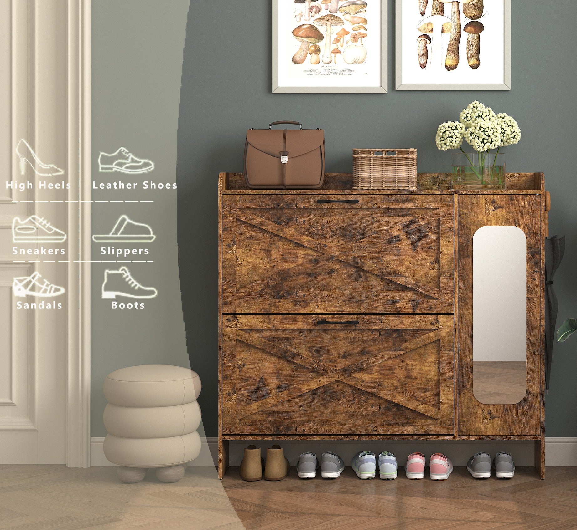 Shoe Storage Cabinet with 2 Flip Drawers, Freestanding Organizer with Metal Legs for Entryway, Narrow Shoe Rack Cabinet,