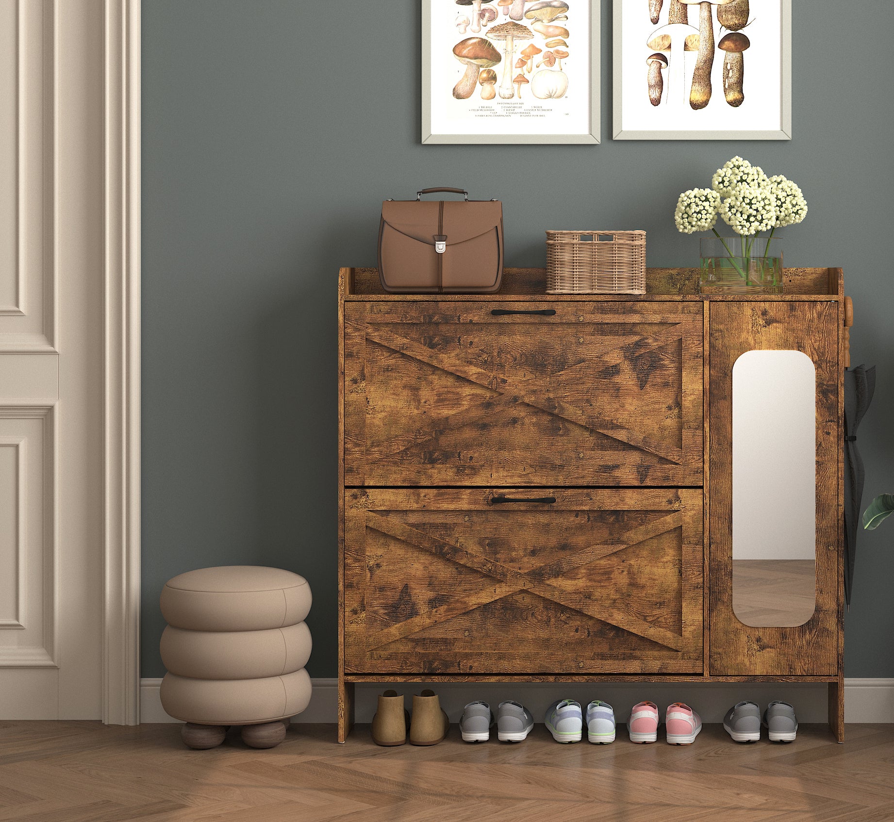 Shoe Storage Cabinet with 2 Flip Drawers, Freestanding Organizer with Metal Legs for Entryway, Narrow Shoe Rack Cabinet, Rustic Brown - W2129P299615