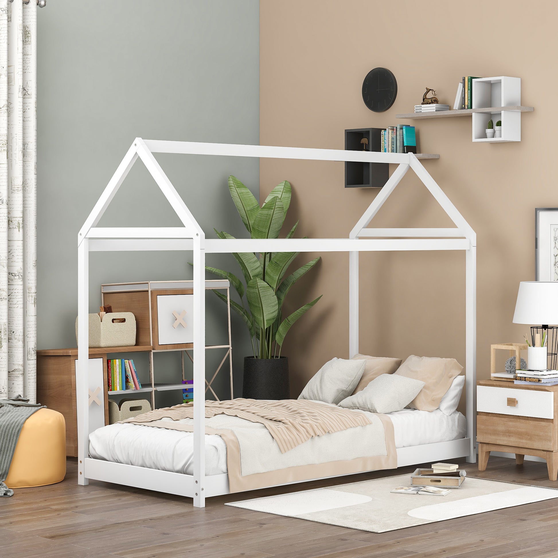Twin Size Wooden House Bed, White - WF197557AAK