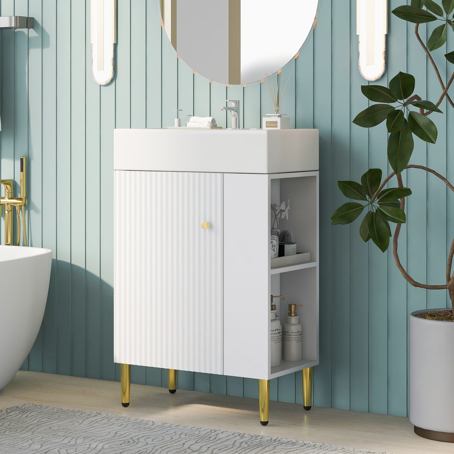21.6" White Bathroom vanity, Combo Cabinet, Bathroom Storage Cabinet, Single Ceramic Sink, Right Side Storage - SV000006AAE