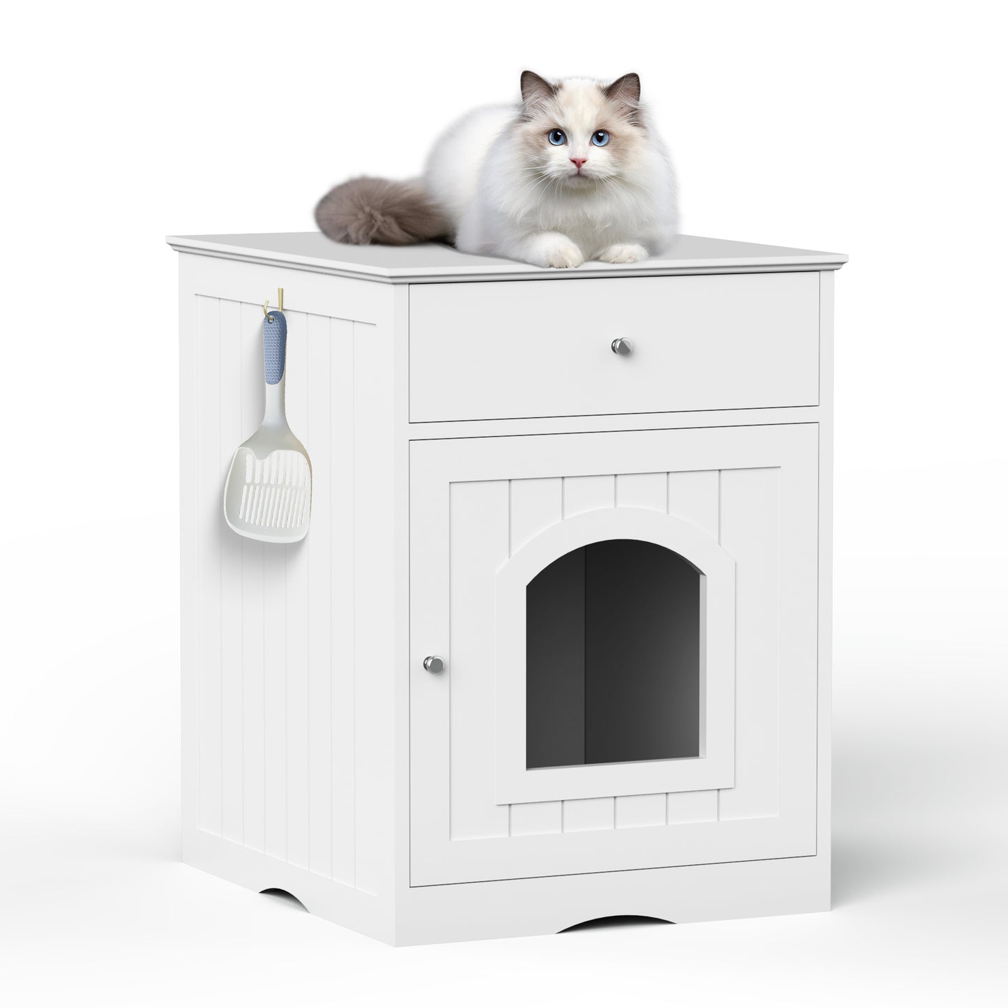 Wooden Pet House Cat Litter Box Enclosure with Drawer, Side Table, Indoor Pet Crate, Cat Home Nightstand (White) - W80863135