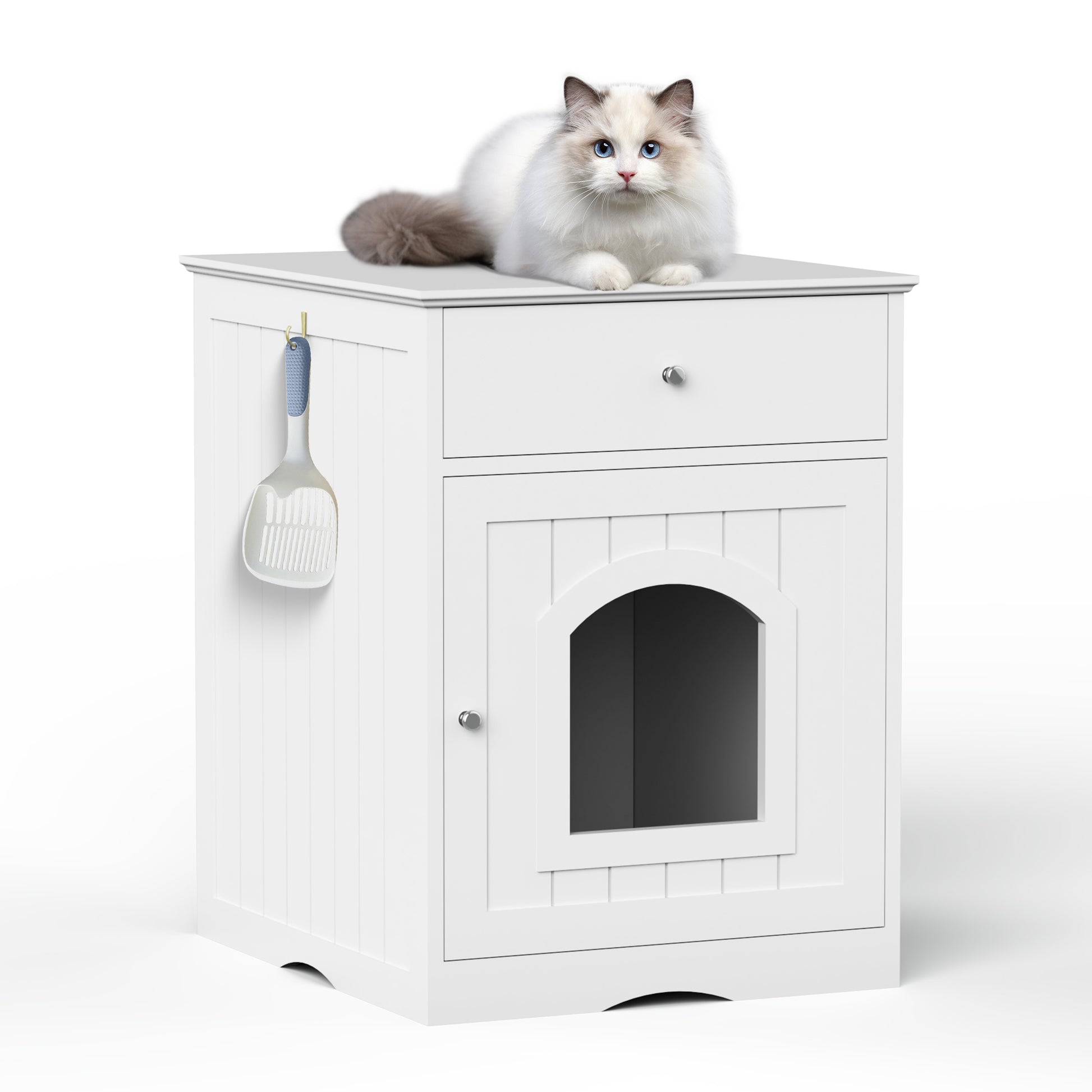 Wooden Pet House Cat Litter Box Enclosure with Drawer, Side Table, Indoor Pet Crate, Cat Home Nightstand (White) - W80863135