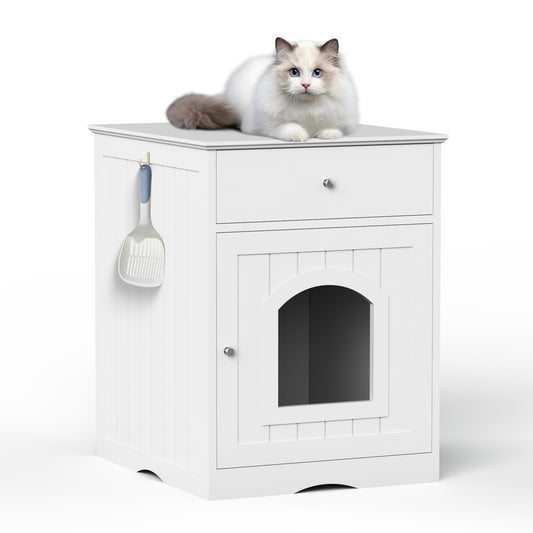 Wooden Pet House Cat Litter Box Enclosure with Drawer, Side Table, Indoor Pet Crate, Cat Home Nightstand (White) - W80863135