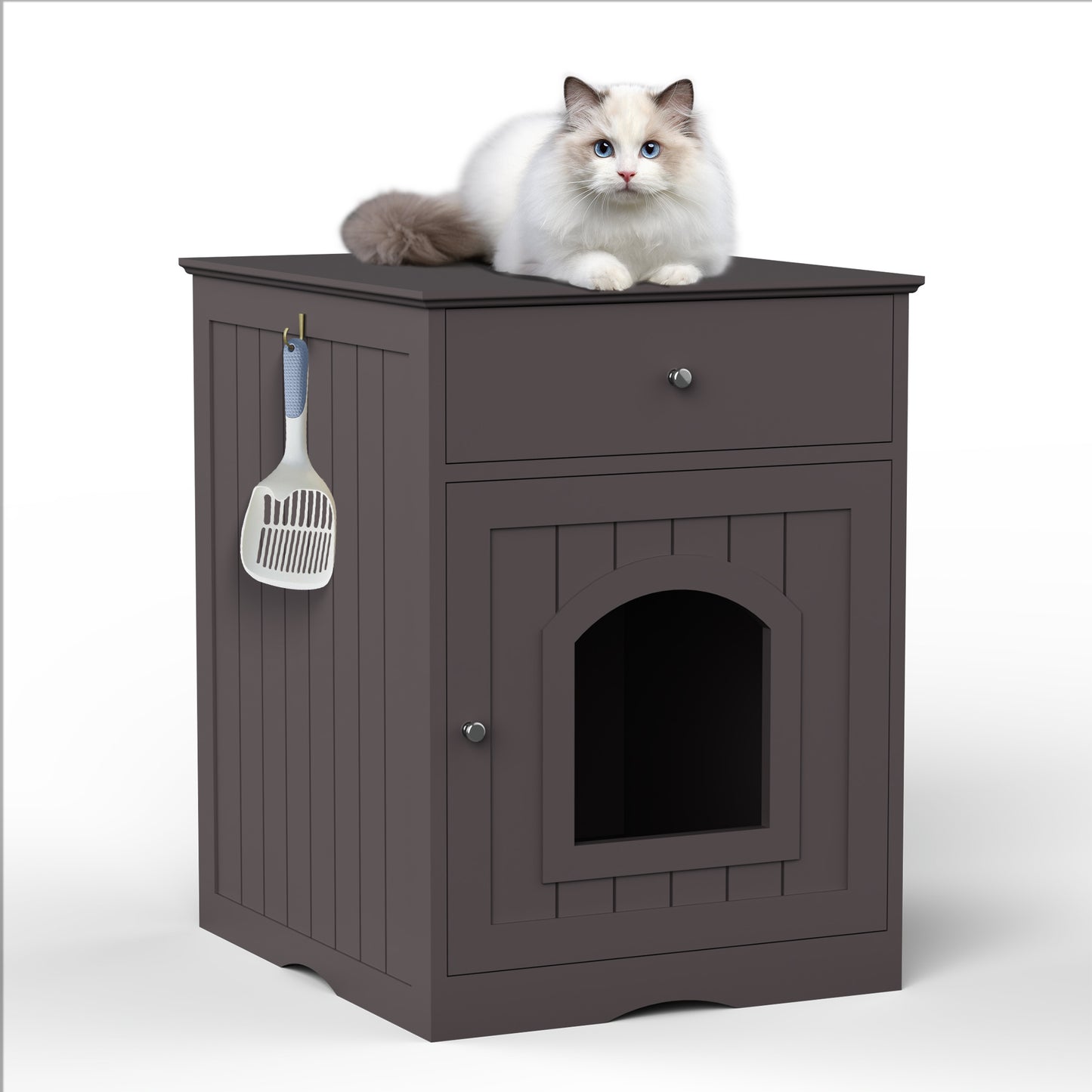 Wooden Pet House Cat Litter Box Enclosure with Drawer, Side Table, Indoor Pet Crate, Cat Home Nightstand (Brown) - W80863046