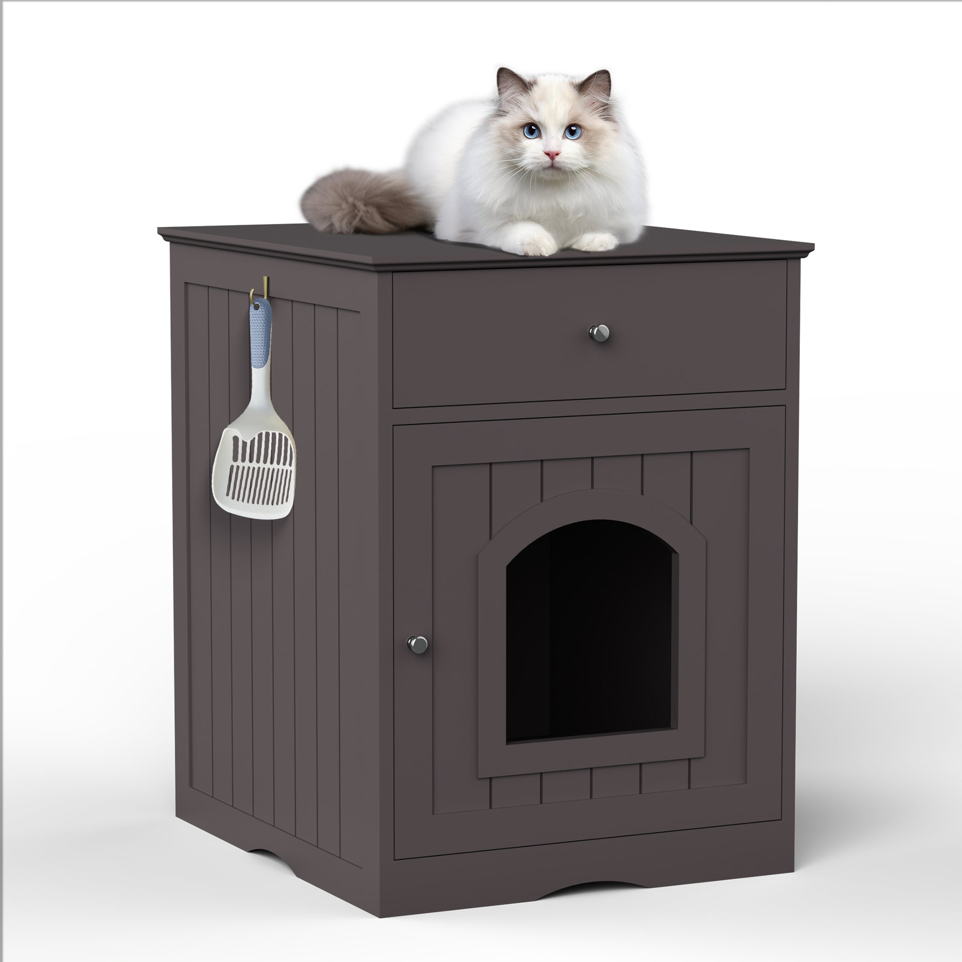 Wooden Pet House Cat Litter Box Enclosure with Drawer, Side Table, Indoor Pet Crate, Cat Home Nightstand (Brown) - W80863046
