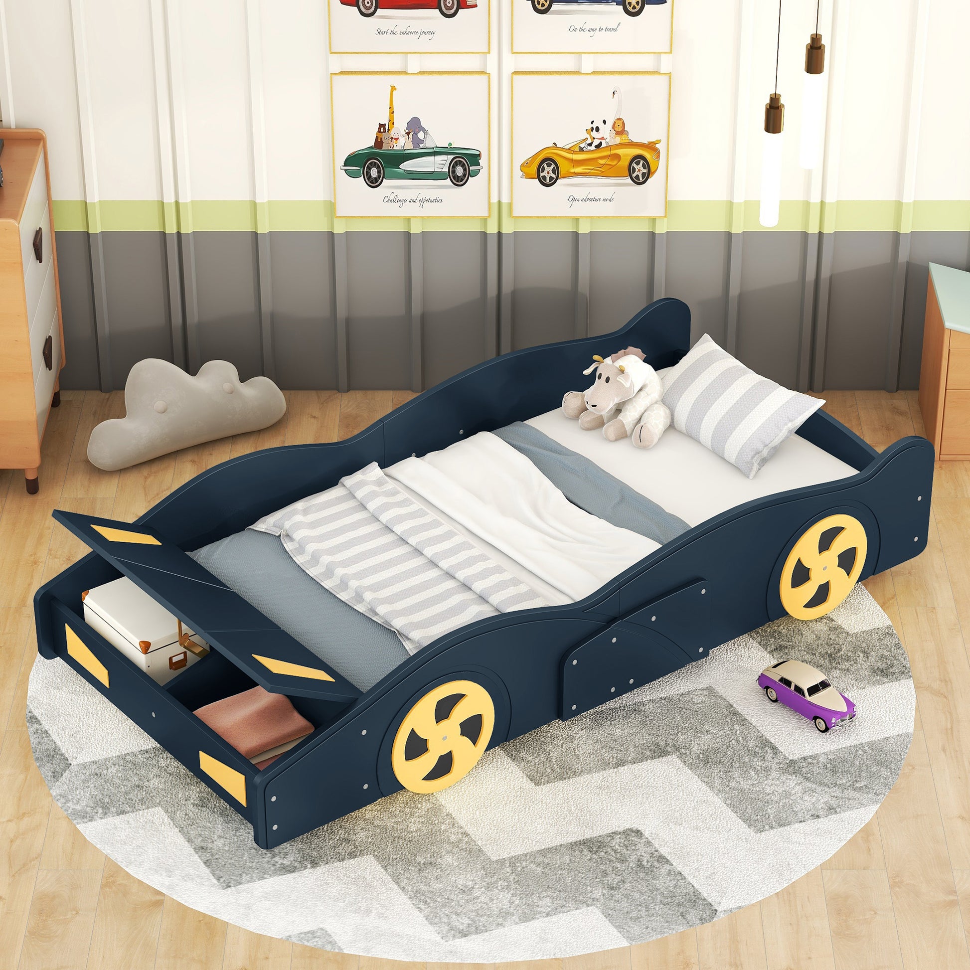 Twin Size Race Car-Shaped Platform Bed with Wheels and Storage, Dark Blue+Yellow - WF305759AAC