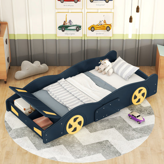 Twin Size Race Car-Shaped Platform Bed with Wheels and Storage, Dark Blue+Yellow - WF305759AAC