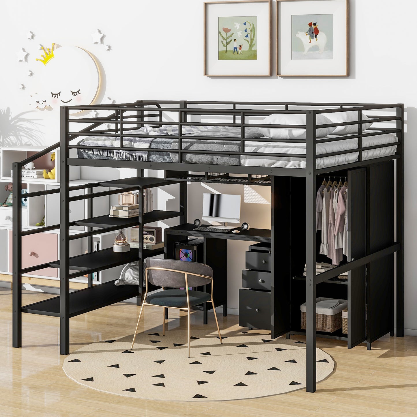 Metal Loft Bed With table set and wardrobe, Full, Black - GX000634AAB