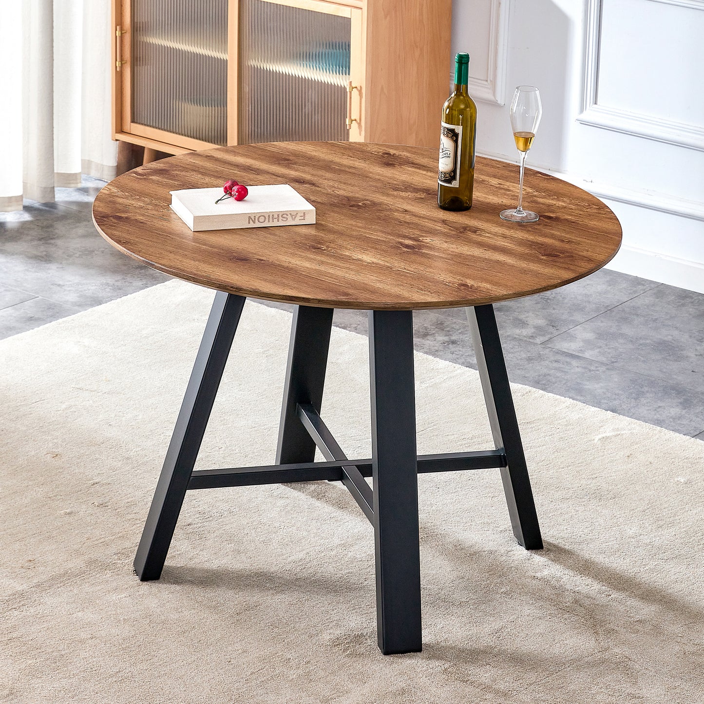 A modern and minimalist circular wooden dining table , coffee table. 42 inch diameter wood color MDF desktop, black metal legs, suitable for home and office F-1172 - W1151P195678