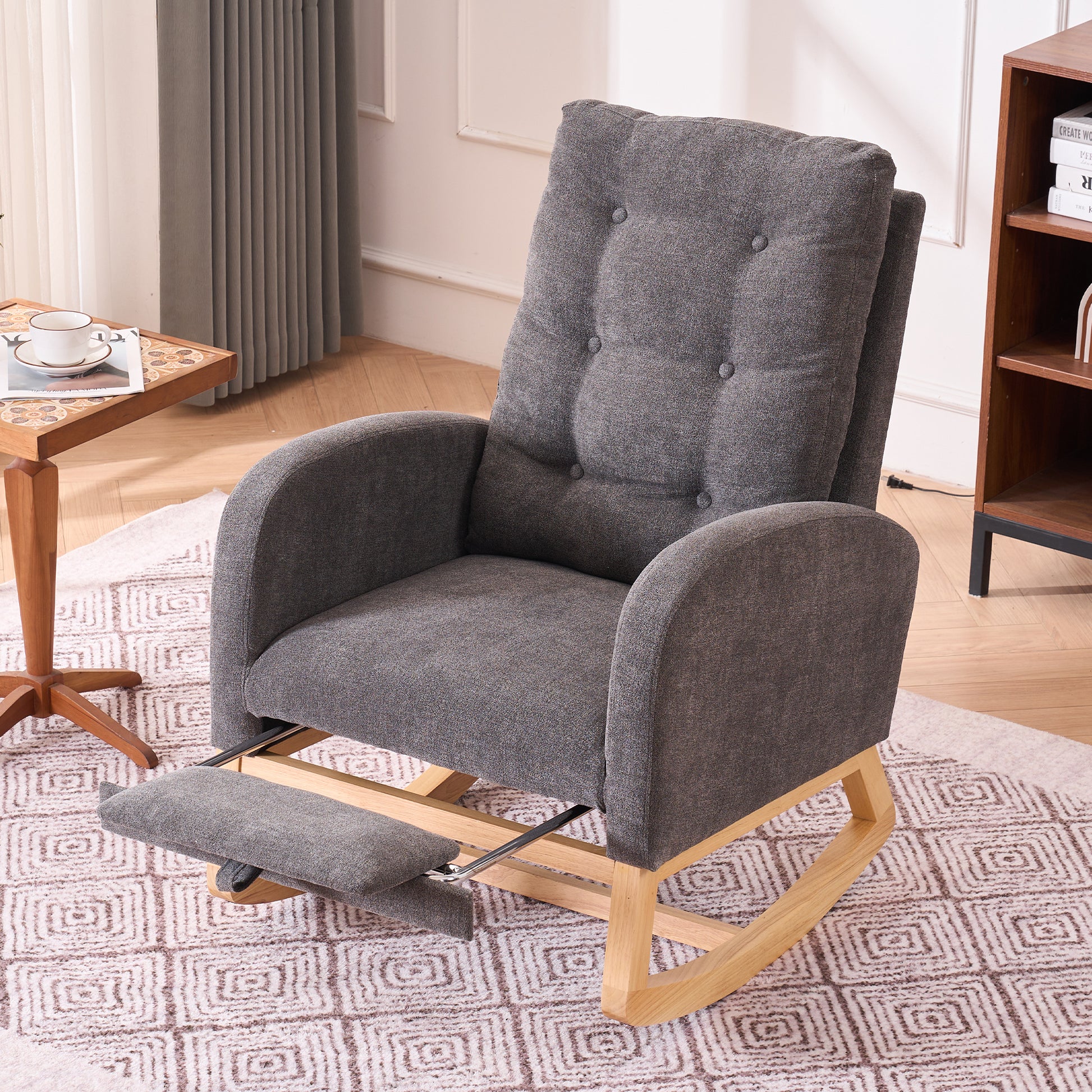 LY-5104 Gray Accent Rocking Chair with Footrest High Back Rubber Wood Rocking Legs Bedroom Living Space 26.77D X 38.36W X 39.76H Inch - W2231P167565