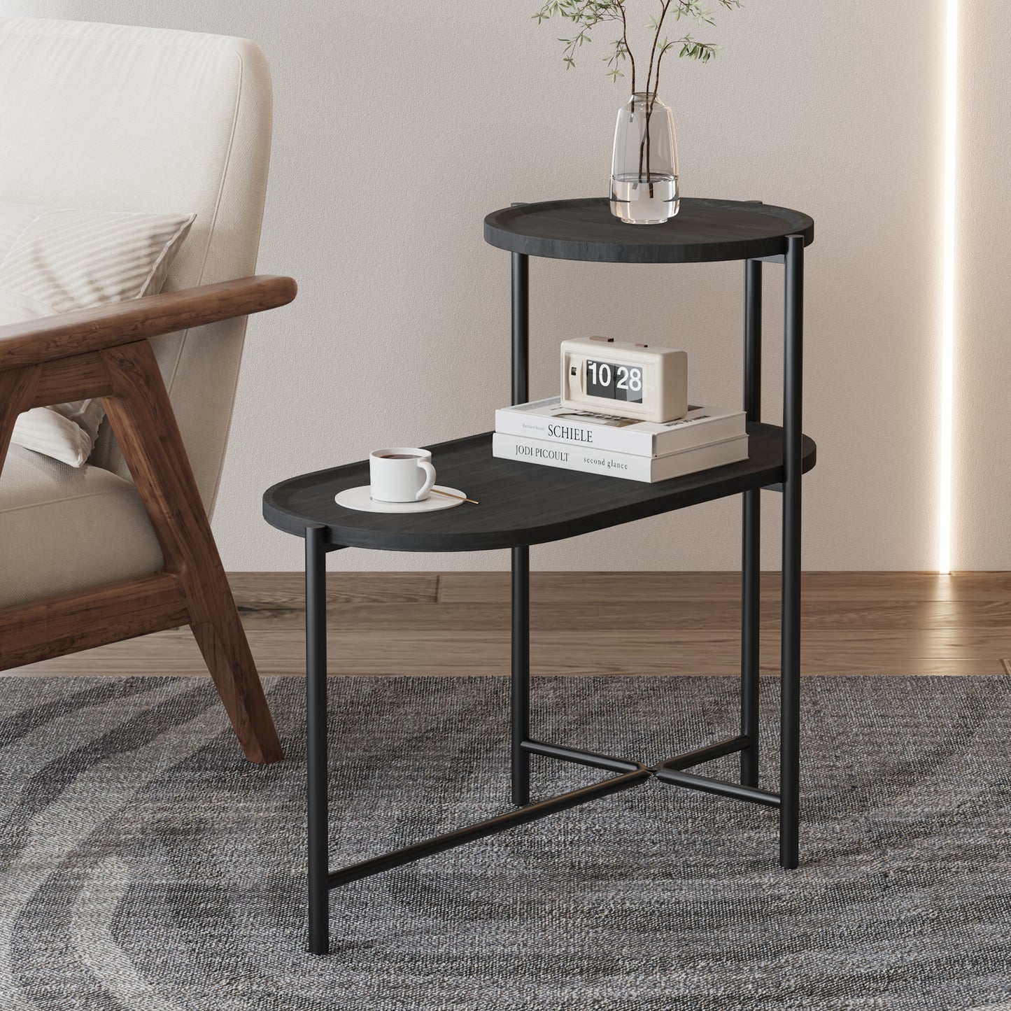 Round Coffee Table with Storage Tray 2 Tier Oval End Tables Wooden Small Side Table for Living Room (Black) - W1757P149954