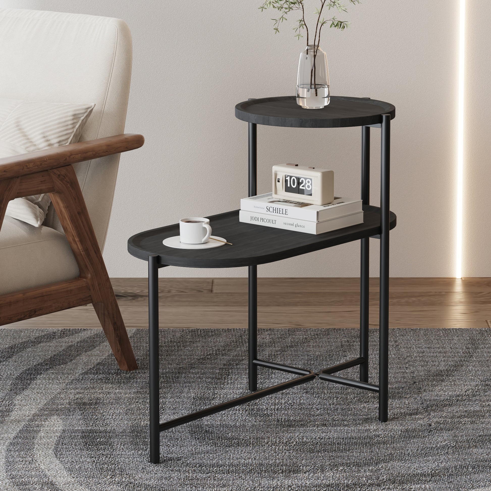 Round Coffee Table with Storage Tray 2 Tier Oval End Tables Wooden Small Side Table for Living Room (Black) - W1757P149954